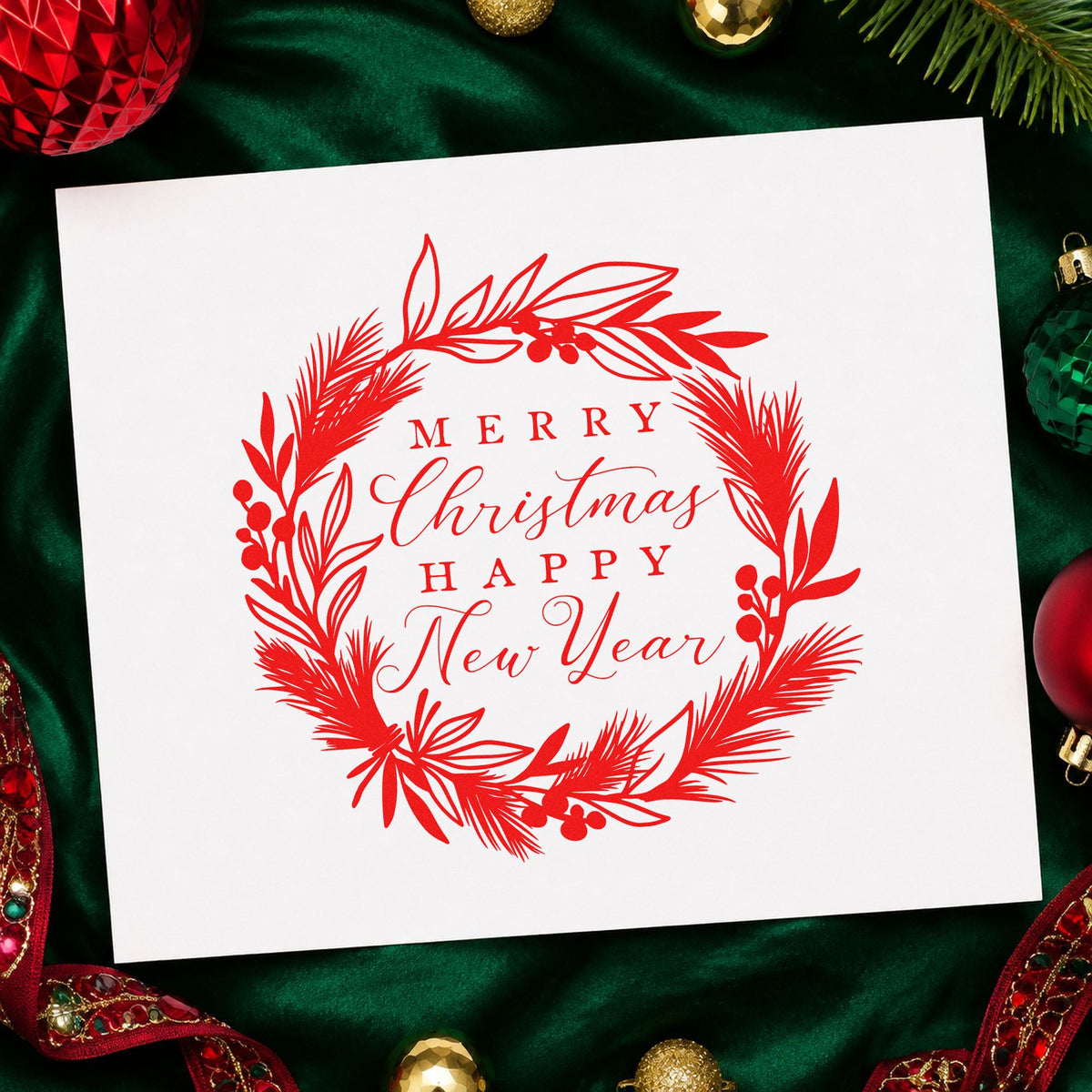Christmas New Year Botanical Wreath craft stamp in red ink on cardstock, an easy option for door wreath ink.