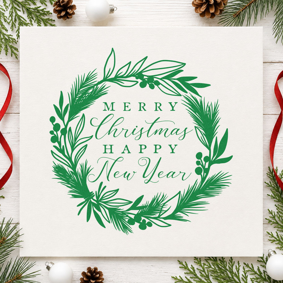 Christmas New Year Botanical Wreath craft stamp imprinted in green ink on paper, a design suited to framed hall alcove.