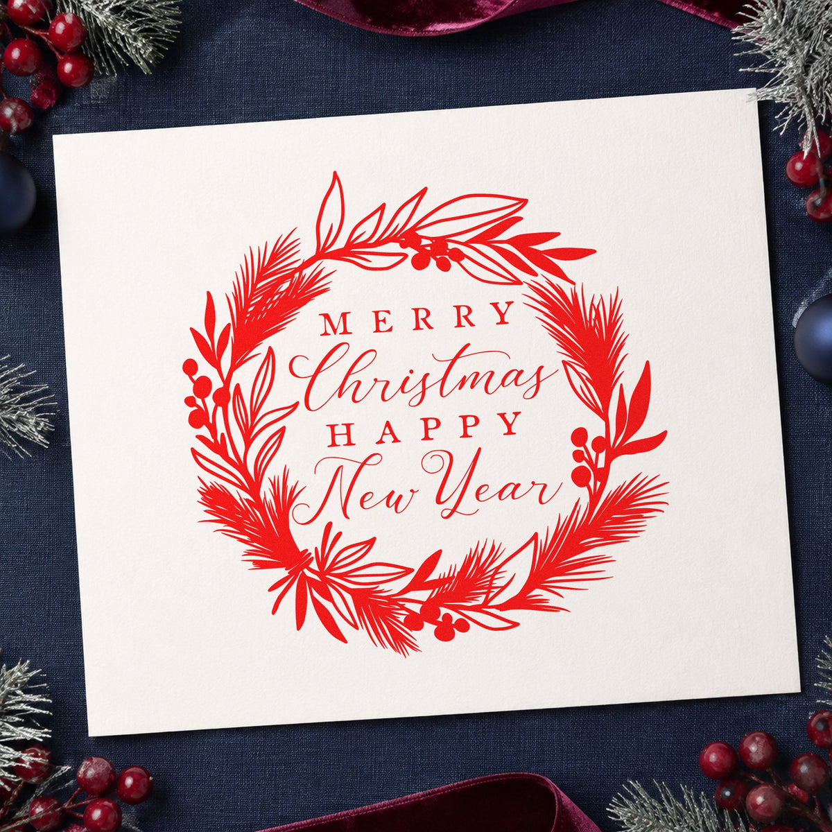 Christmas New Year Botanical Wreath rubber stamp shown in red ink, stamped for projects such as newsletter fold seals.