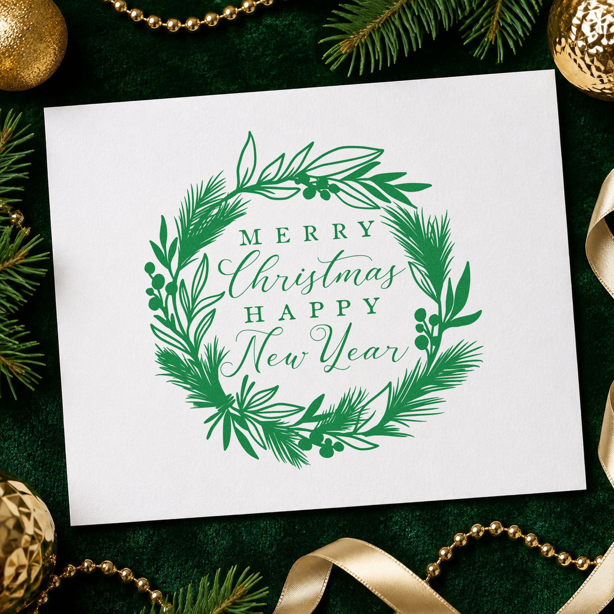 Christmas New Year Botanical Wreath craft stamp imprint in green ink on a handmade project, one idea being open house invites.