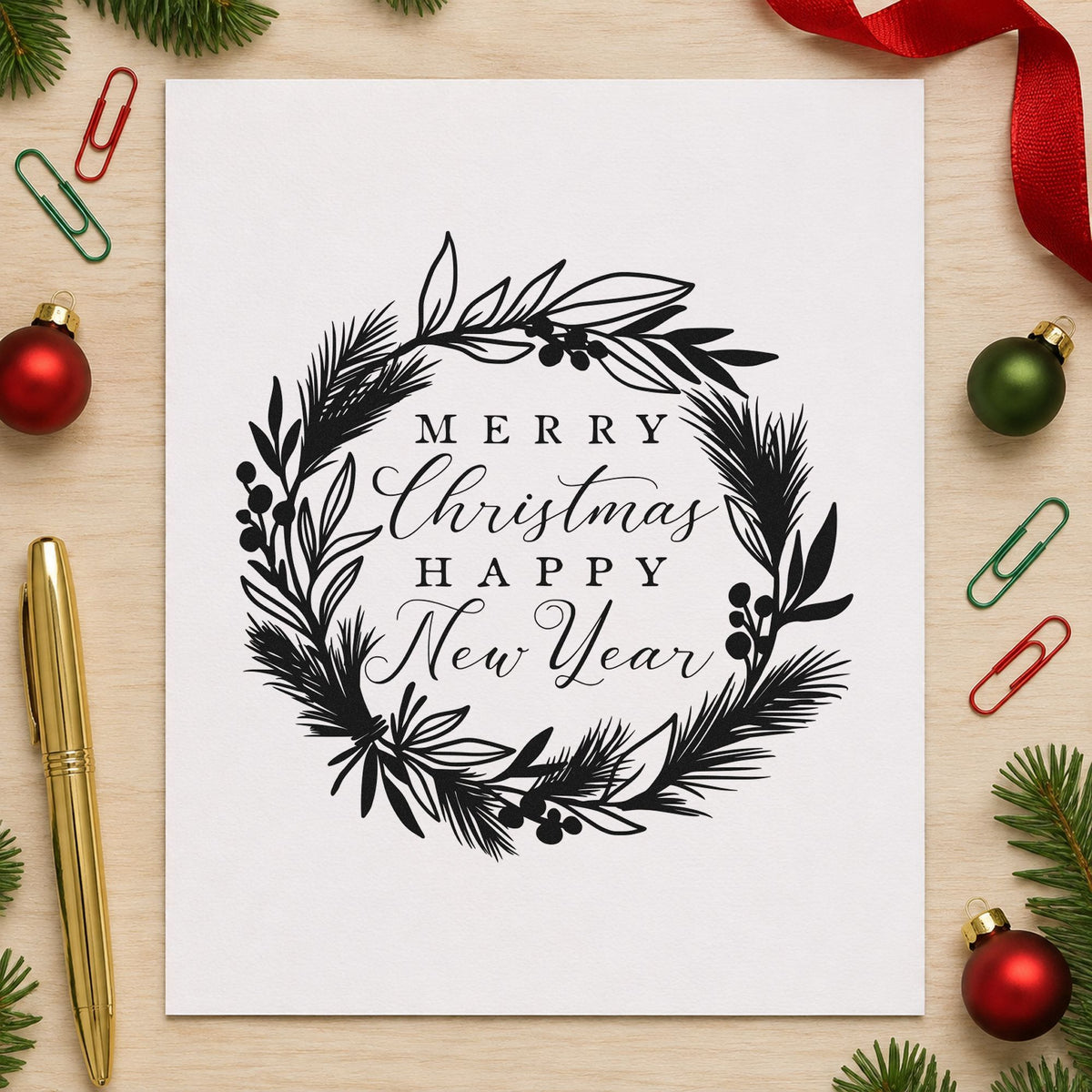 Christmas New Year Botanical Wreath rubber stamp printed in black ink, ready for double greeting cards and similar paper crafts.