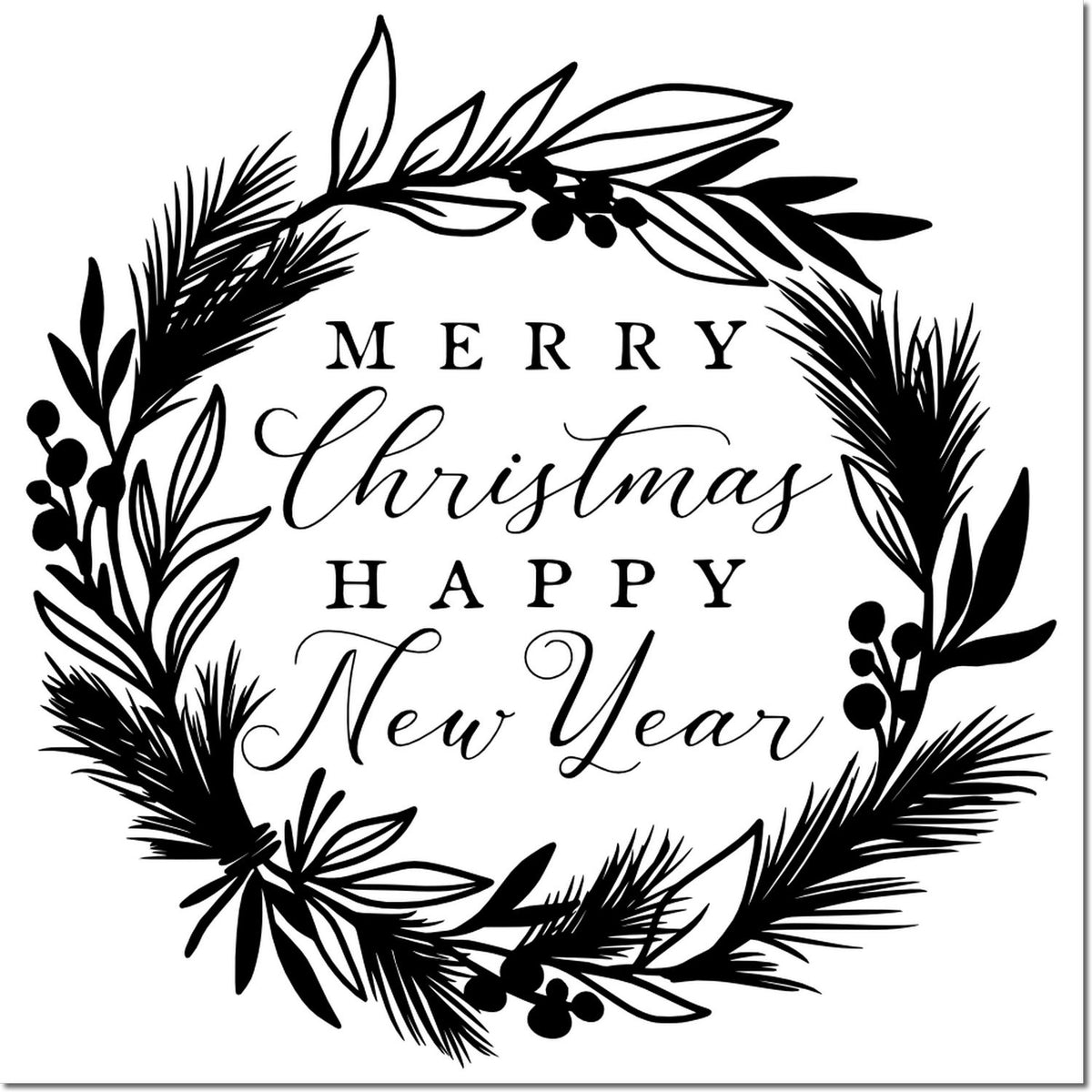 Christmas and New Year rubber stamp design with evergreen wreath and holiday greeting, Merry Christmas Happy New Year.