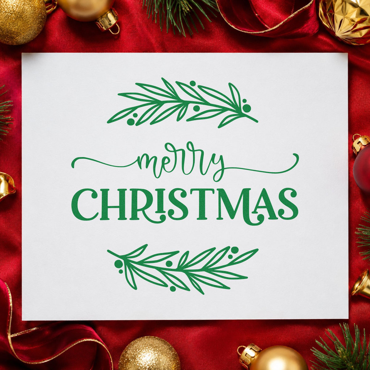 Merry Christmas Between Branches Leaf Accents Pre-Inked Stamp – Slim in use 3