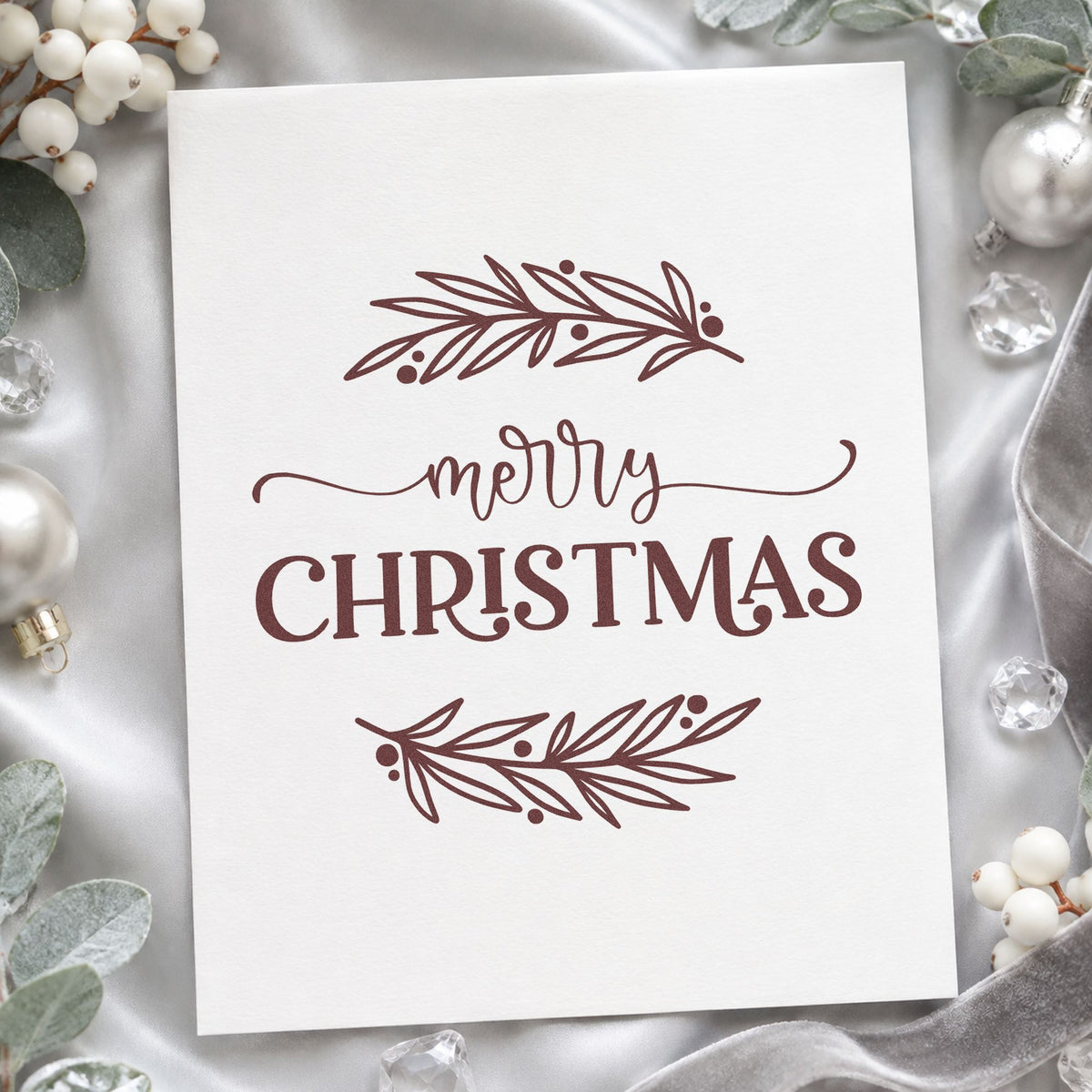Merry Christmas Between Branches Leaf Accents Pre-Inked Stamp – Slim in use 4