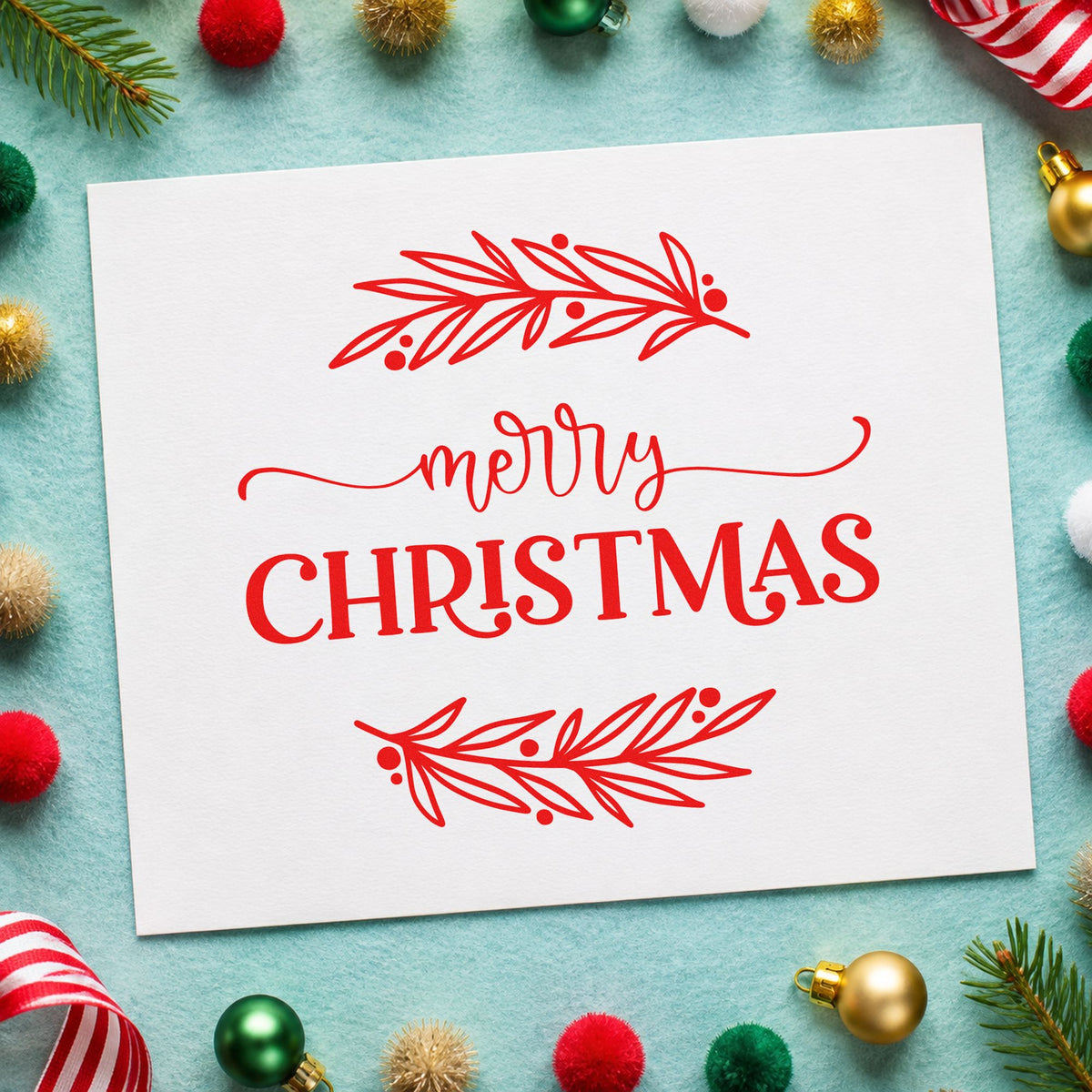 Merry Christmas Between Branches craft stamp in red ink on cardstock, an easy option for runner edge printing.