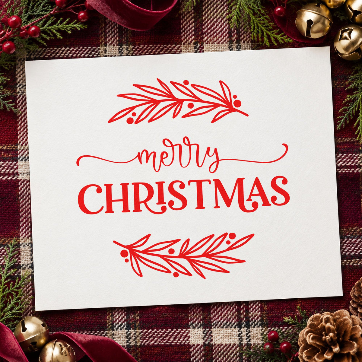 Merry Christmas Between Branches Leaf Accents Pre-Inked Stamp – Slim in use 7