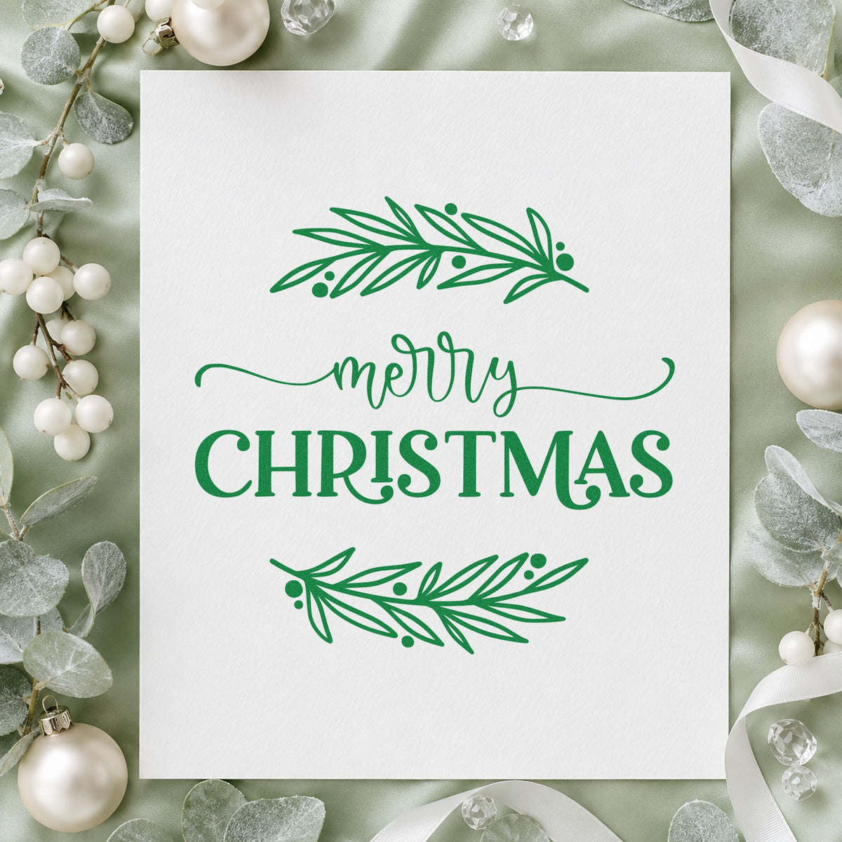 Merry Christmas Between Branches Leaf Accents Pre-Inked Stamp – Slim in use 8