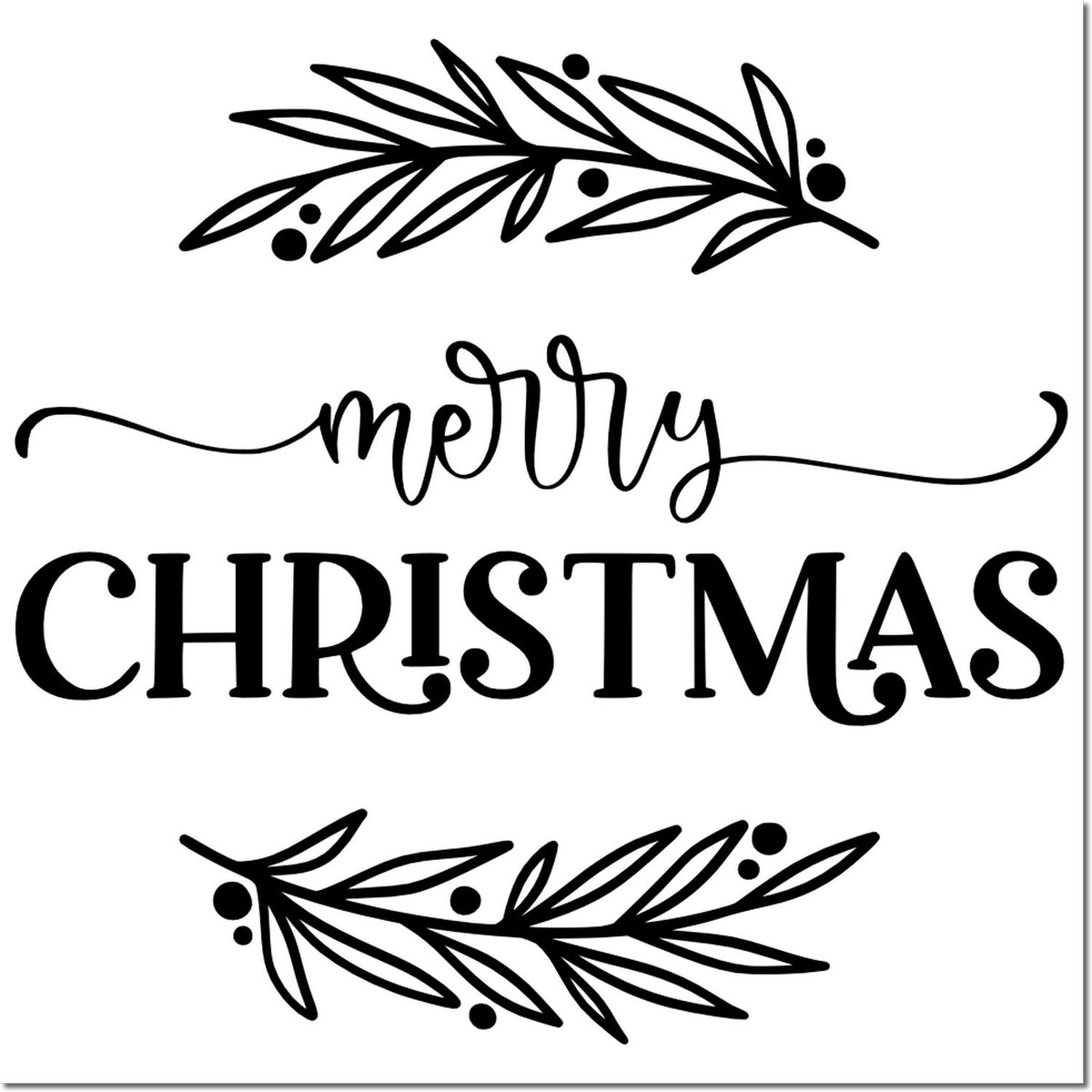 Merry Christmas rubber stamp design with pine branch accents for holiday cards and crafts