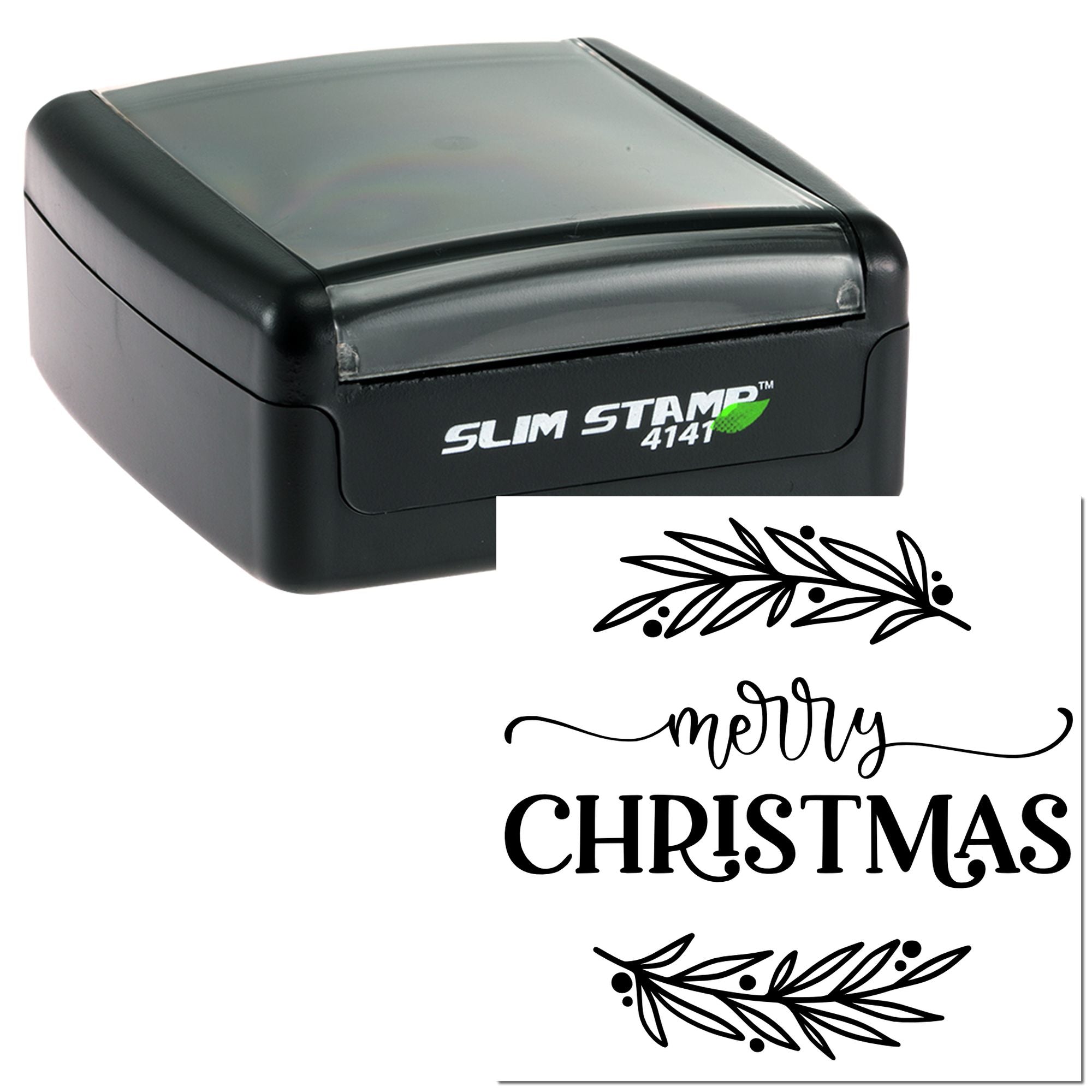Slim Stamp 4141 self-inking rubber stamp with Merry Christmas holiday design and decorative foliage accents.