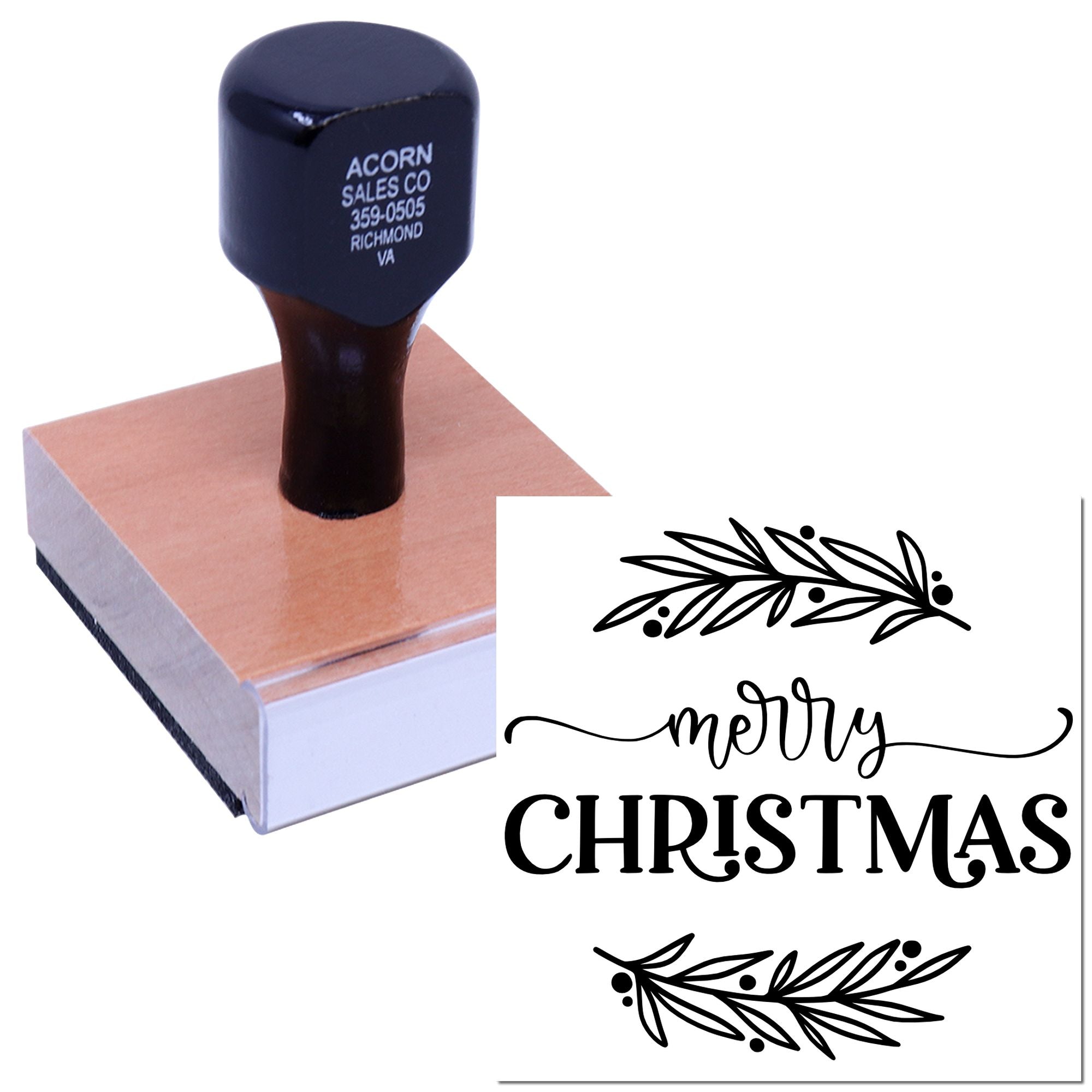 Merry Christmas rubber stamp with holly design for holiday cards, gift wrap, and festive DIY crafts.