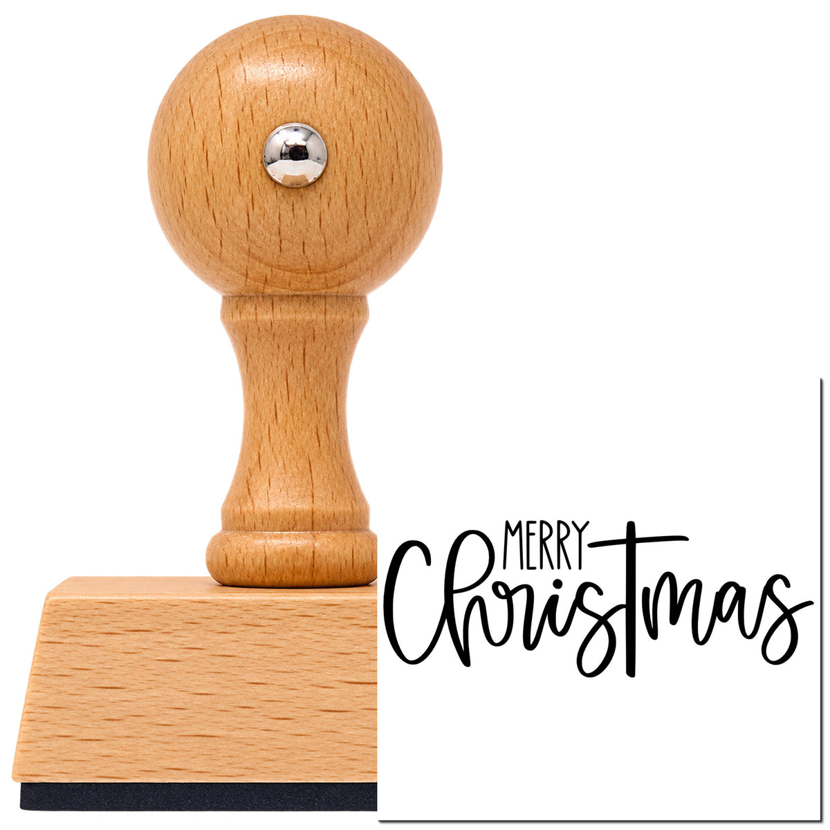 Tall Flowing Christmas Greeting Vintage Pro rubber stamp in European beech wood with a round knob handle, shown beside its black imprint.