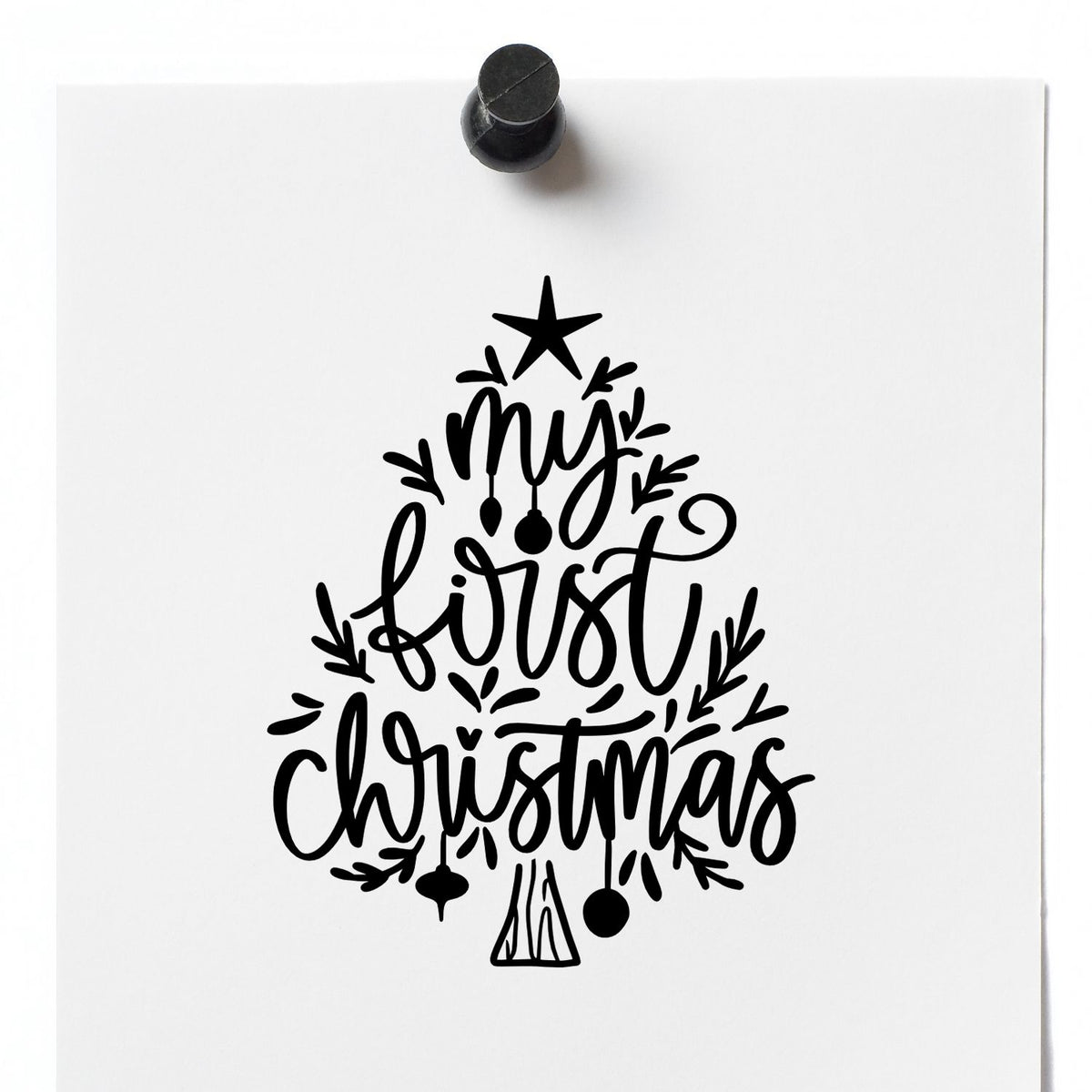 My First Christmas rubber stamp design in a tree shape for baby holiday cards, scrapbook keepsakes, and festive crafts.