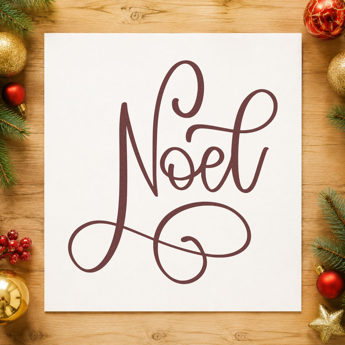 Noel Flowing Script Lettering Rubber Stamp – Wood Handle in use 4