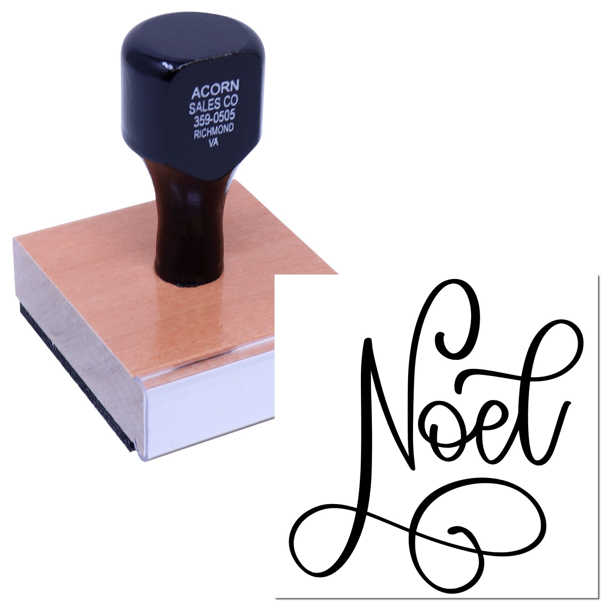 Custom hand rubber stamp with script logo impression for business branding, stationery, and office use.