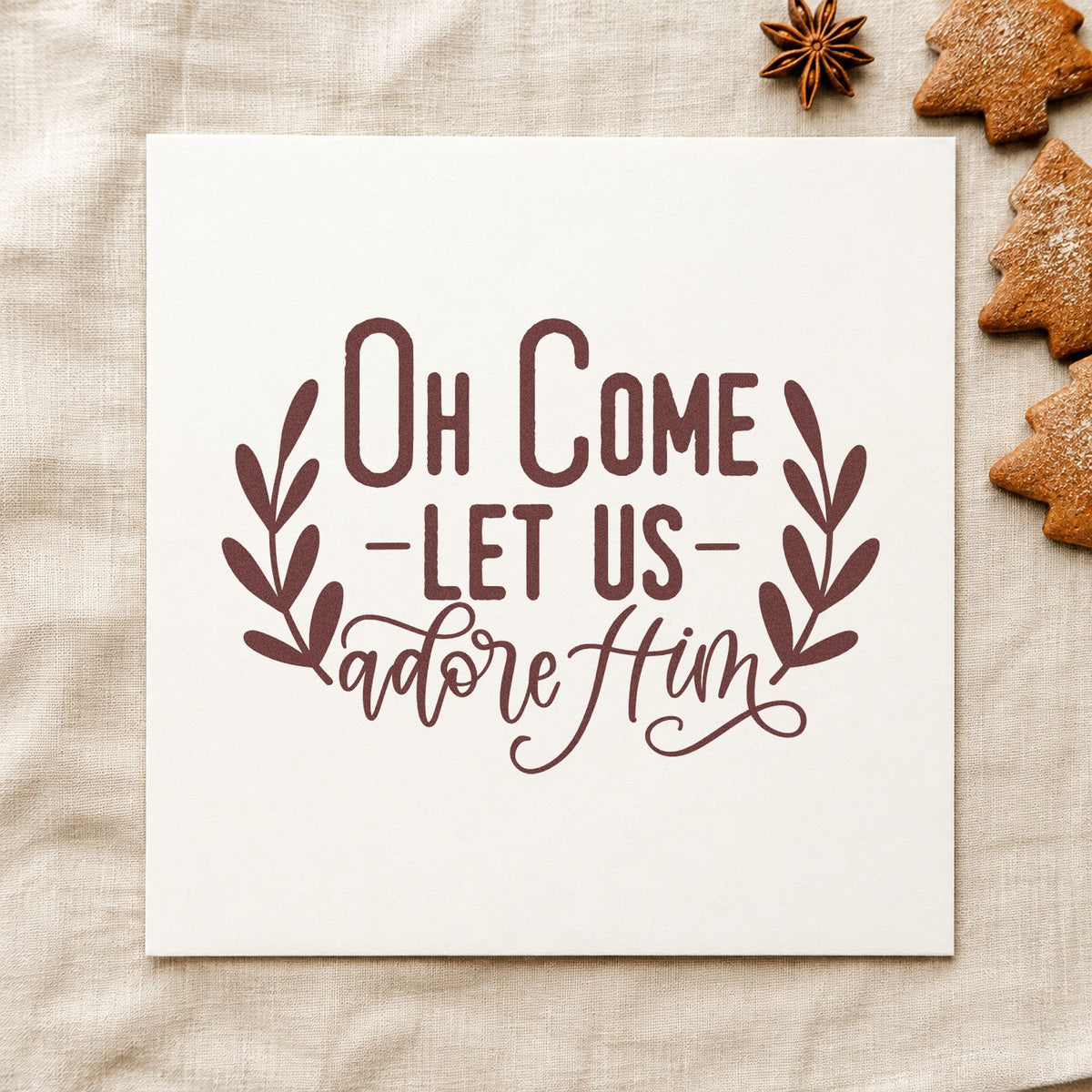 Oh Come Let Us Adore Him rubber stamp printed in brown ink, ready for prayer request sheet and similar paper crafts.