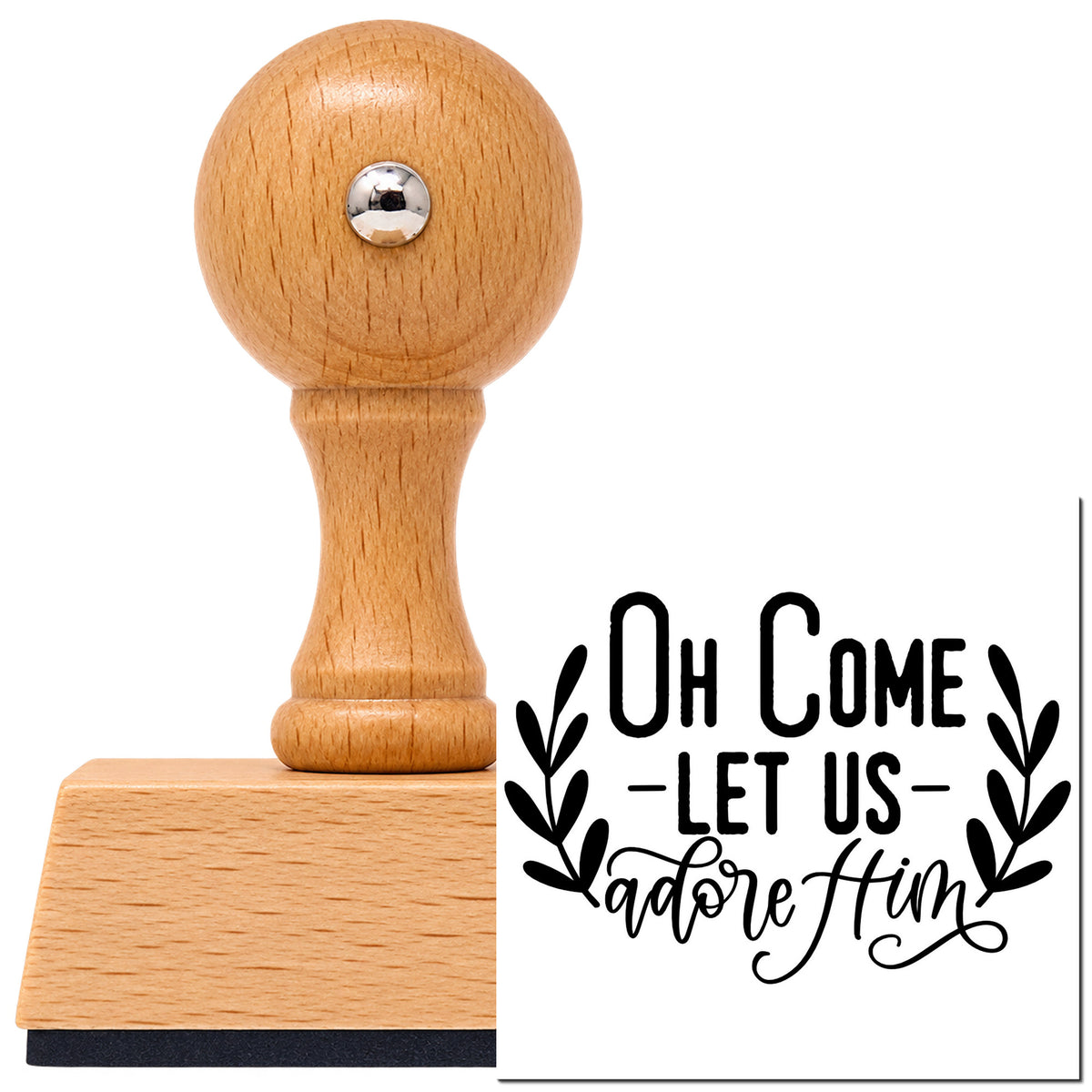 Oh Come Let Us Adore Him Vintage Pro rubber stamp in European beech wood with a round knob handle, shown beside its black imprint.