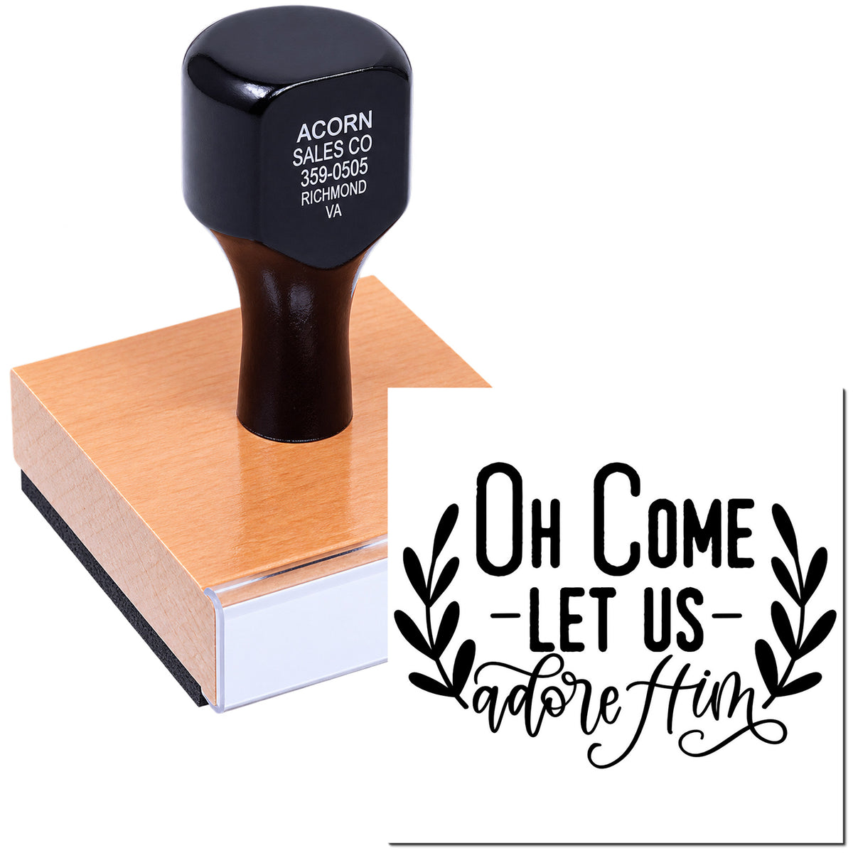 Custom rubber stamp with Oh Come Let Us Adore Him for Christmas cards, gifts, and holiday crafts.