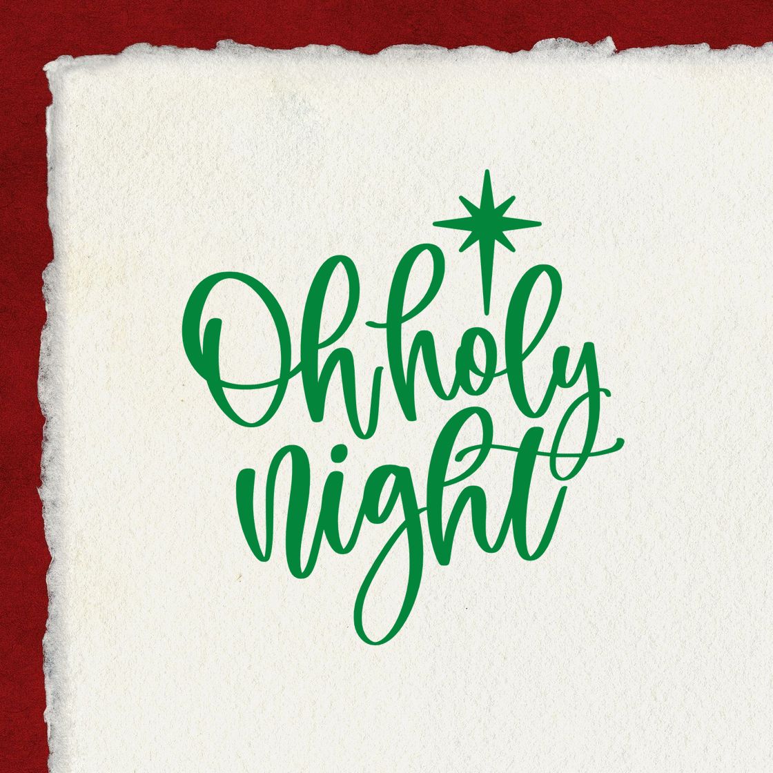 O Holy Night Christmas rubber stamp design in green script with star, ideal for holiday cards and crafts.