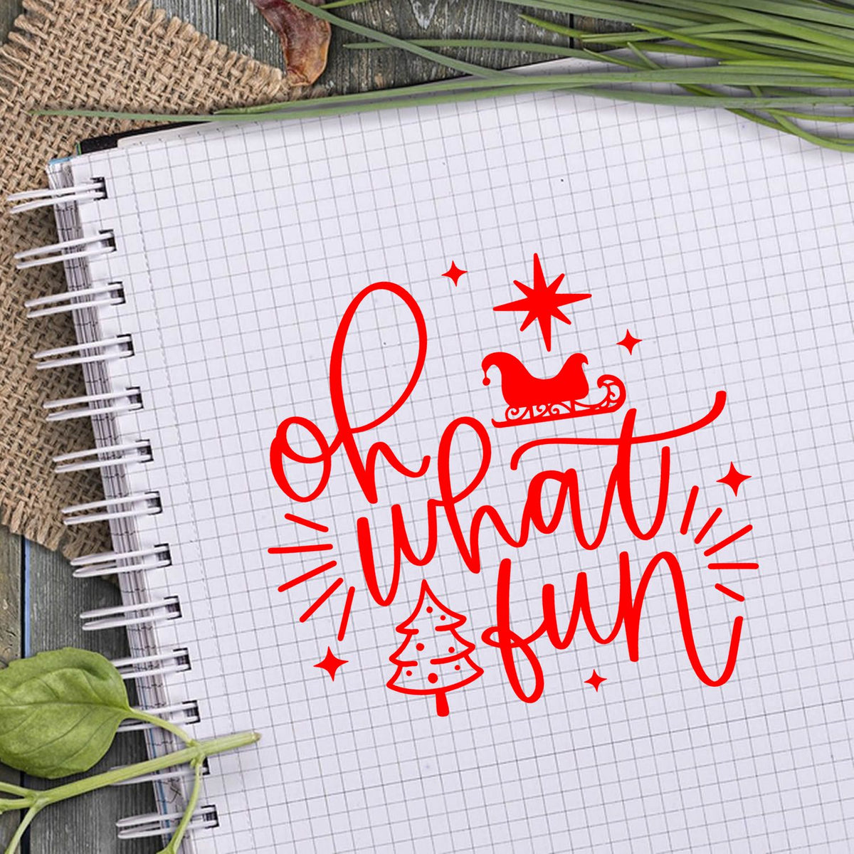 Holiday rubber stamp design with Oh what fun lettering, sleigh, tree and sparkles for festive Christmas crafting.
