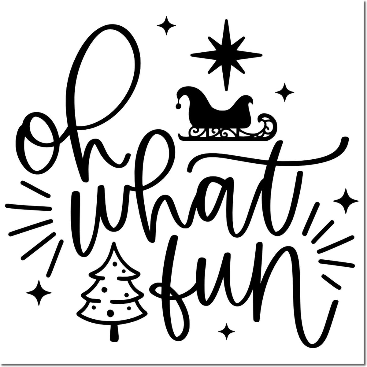 Oh What Fun holiday rubber stamp design with sleigh, Christmas tree, and stars for festive cards and crafts.
