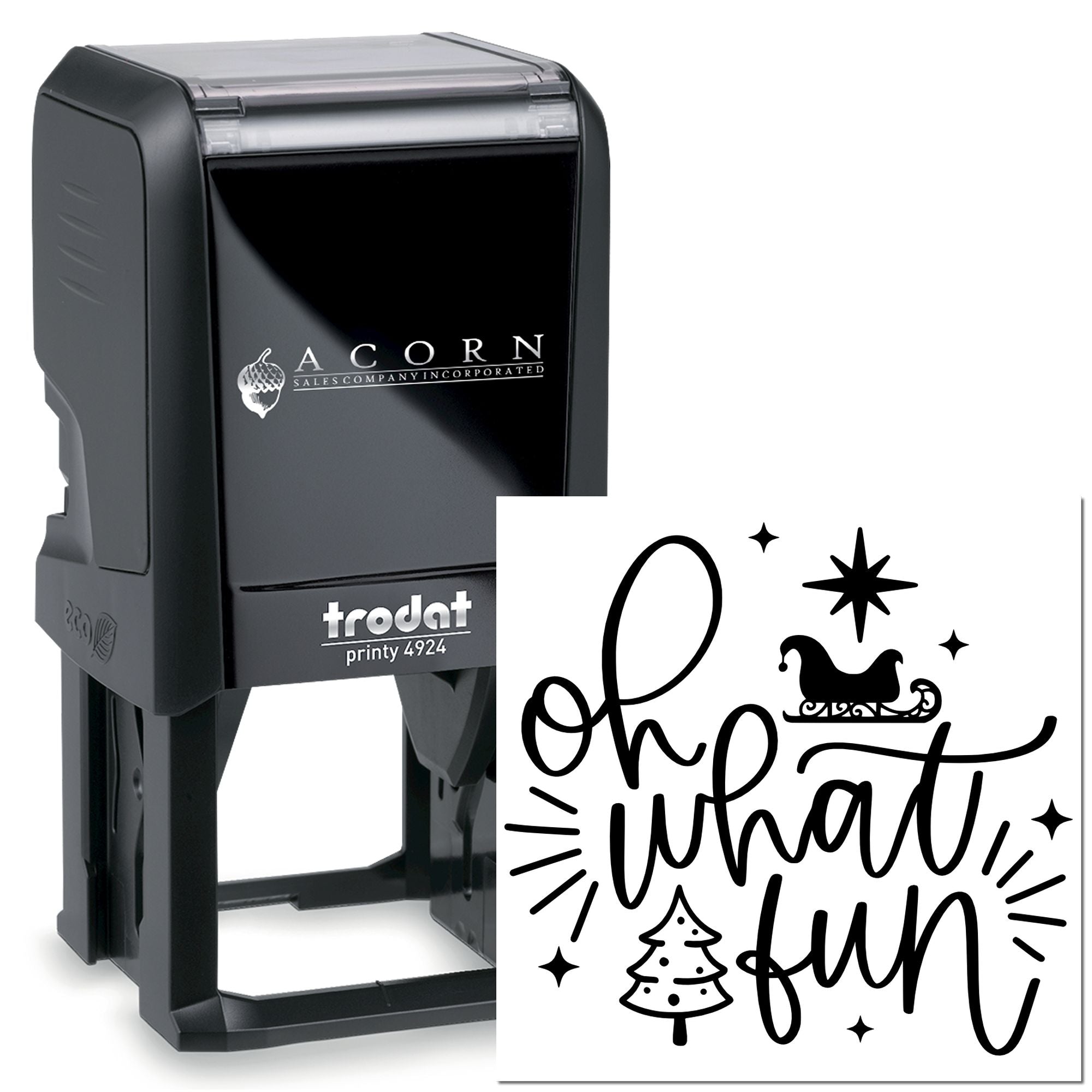 Self-inking rubber stamp with custom Oh What Fun Christmas design for holiday cards, gift wrap, and craft packaging.