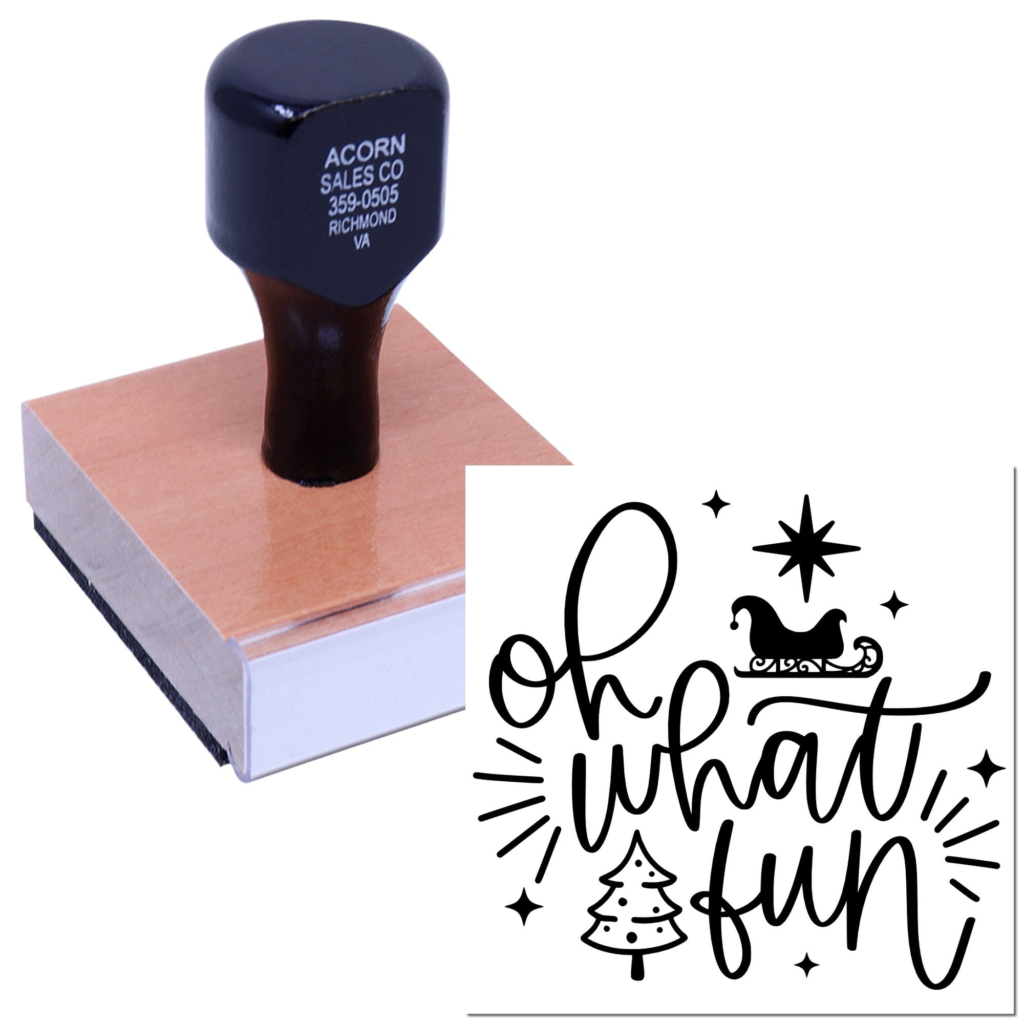 Custom holiday rubber stamp with Oh What Fun design for festive cards, gift tags, and seasonal crafts.