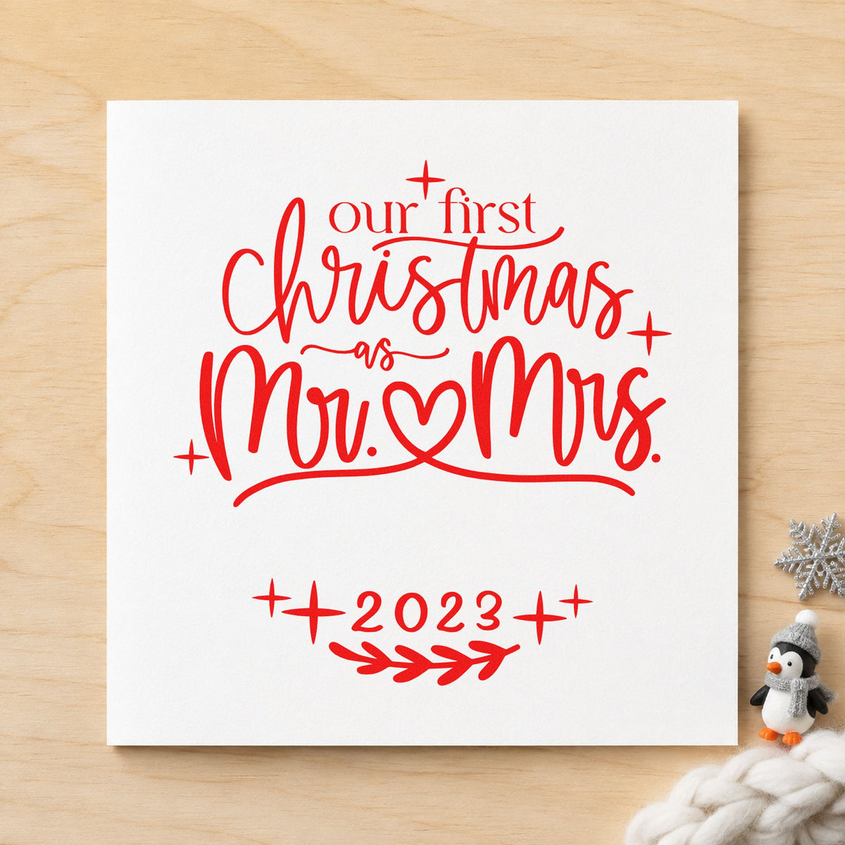 First Christmas Mr And Mrs craft stamp in red ink on cardstock, an easy option for apron pair printing.