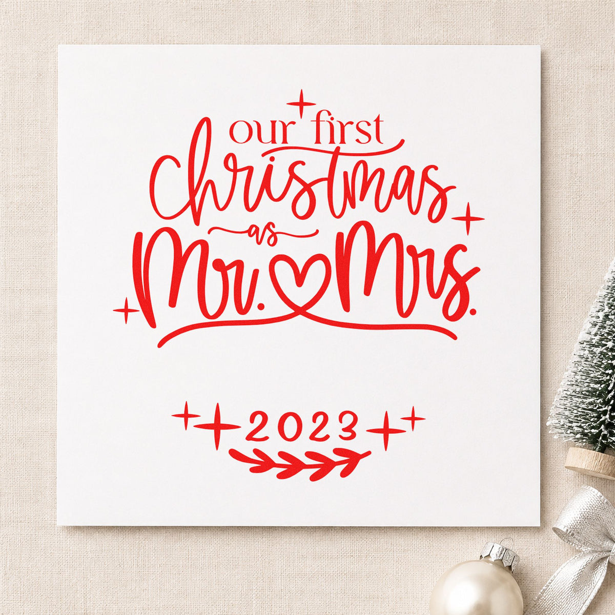 First Christmas Mr And Mrs rubber stamp shown in red ink, stamped for projects such as thank you note seals.
