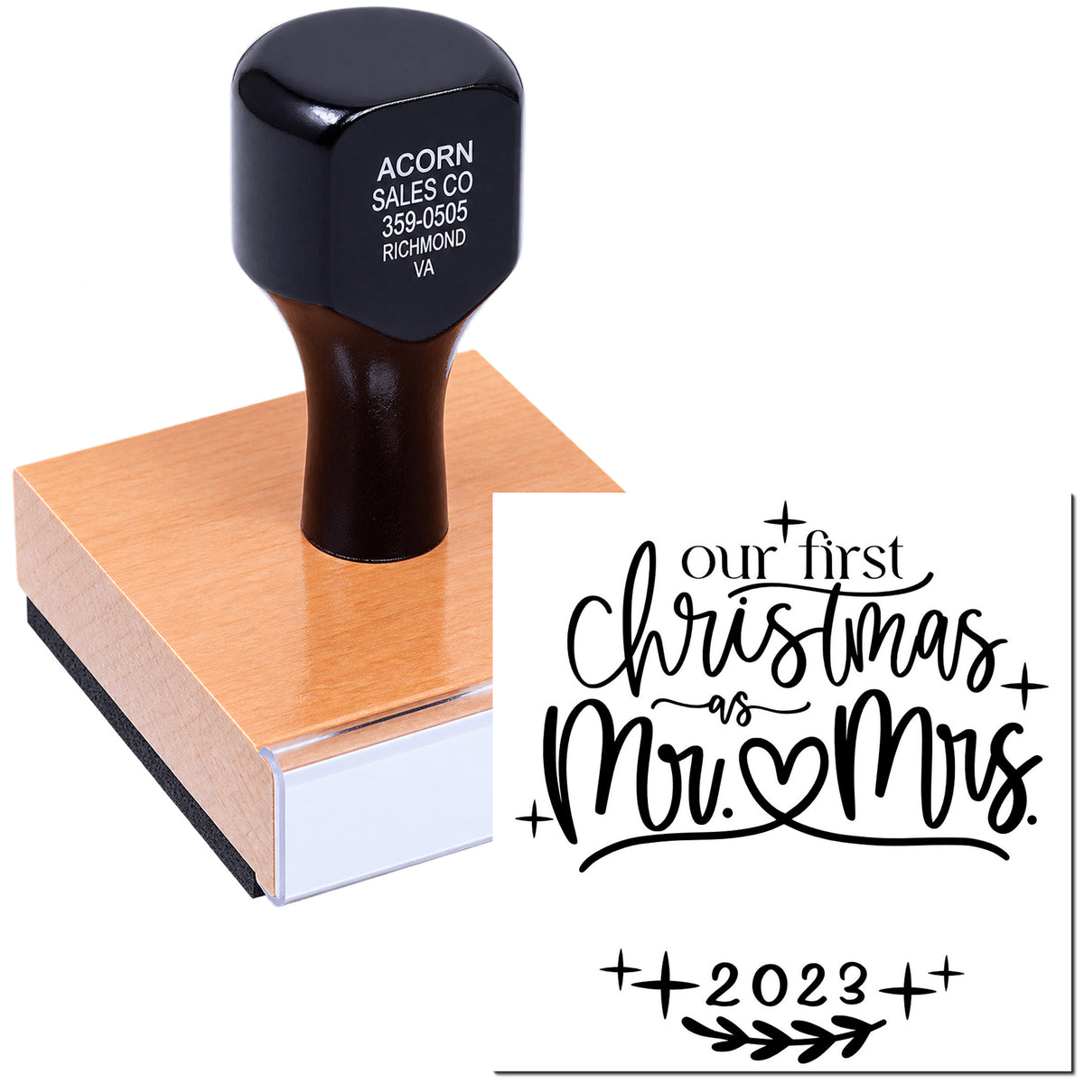 Custom rubber stamp on wood block with Our First Christmas as Mr. & Mrs. 2023 holiday wedding design.