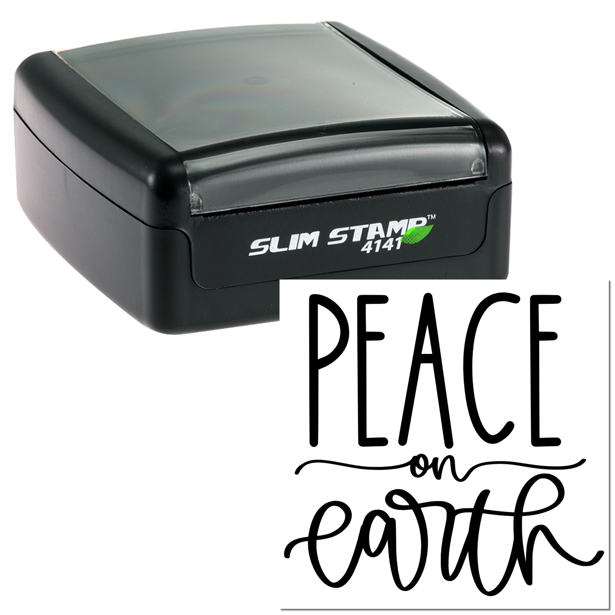Self-inking rubber stamp with Peace on Earth design, featuring Slim Stamp 4141 for custom holiday crafting.