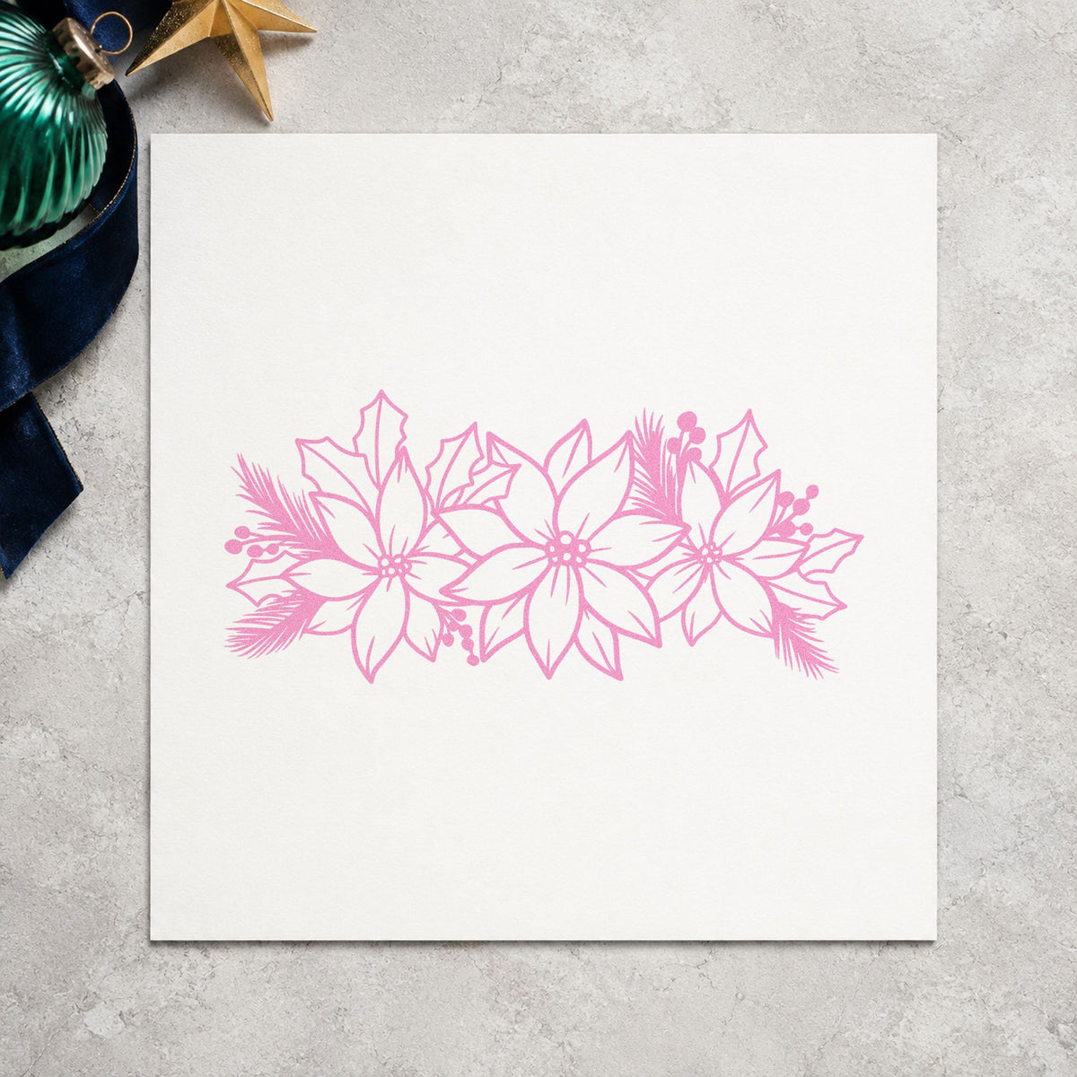 Poinsettia And Holly Arrangement craft stamp in purple ink on cardstock, an easy option for arrangement album page.