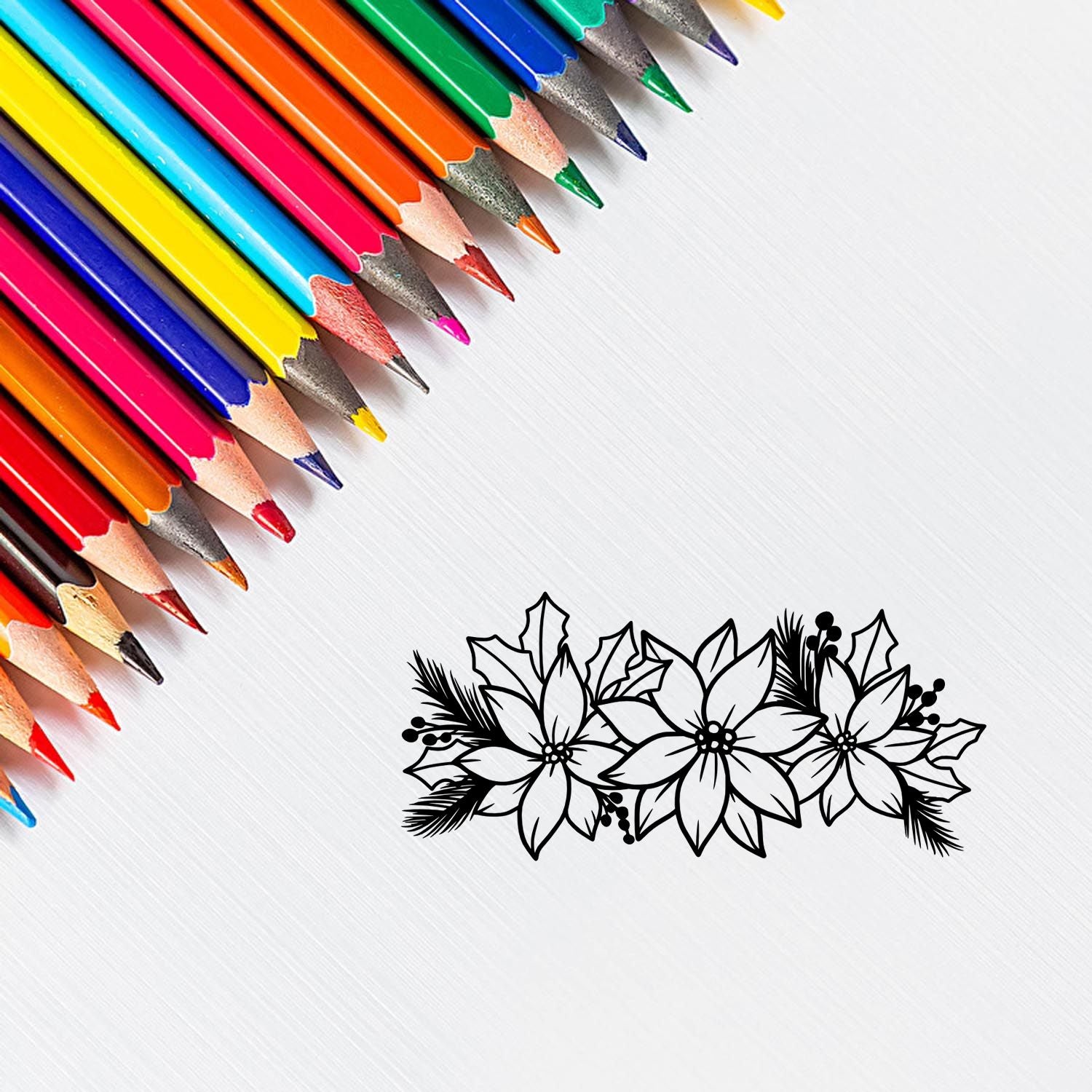 Christmas floral rubber stamp design with colored pencils, ideal for holiday card making and craft projects.