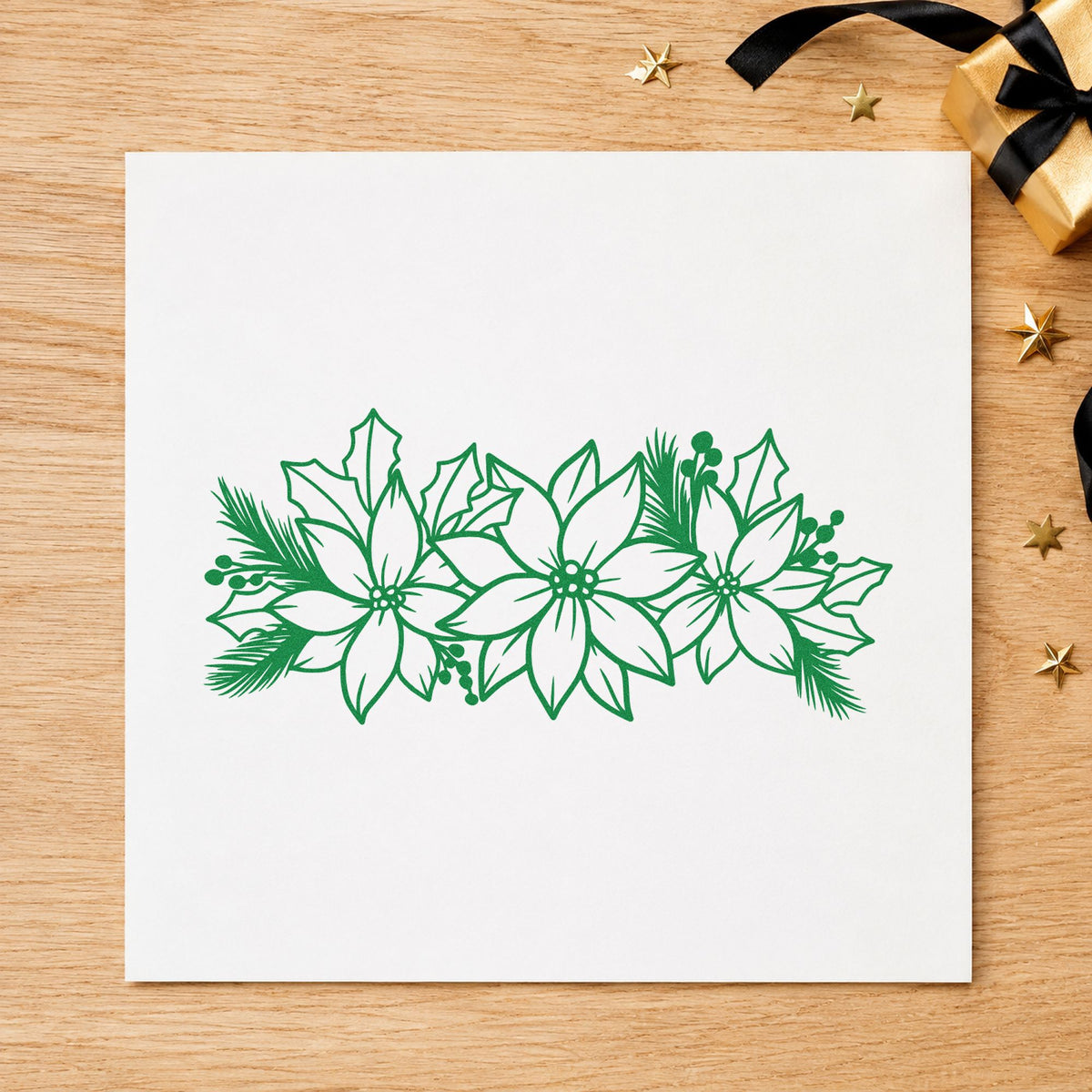 Poinsettia And Holly Arrangement craft stamp imprint in green ink on a handmade project, one idea being delivery route slips.
