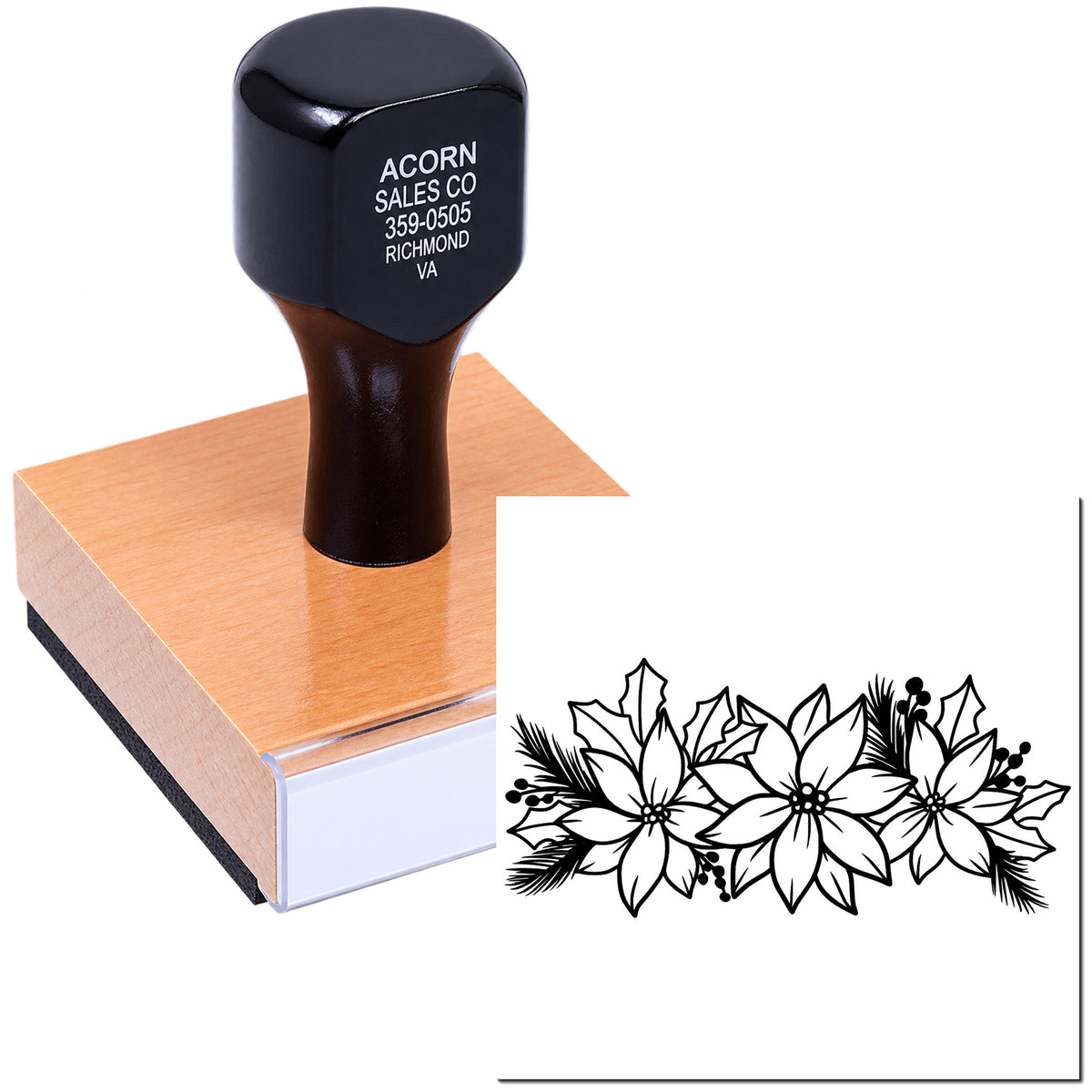 Custom floral rubber stamp with poinsettia design for holiday cards, gift tags, and packaging