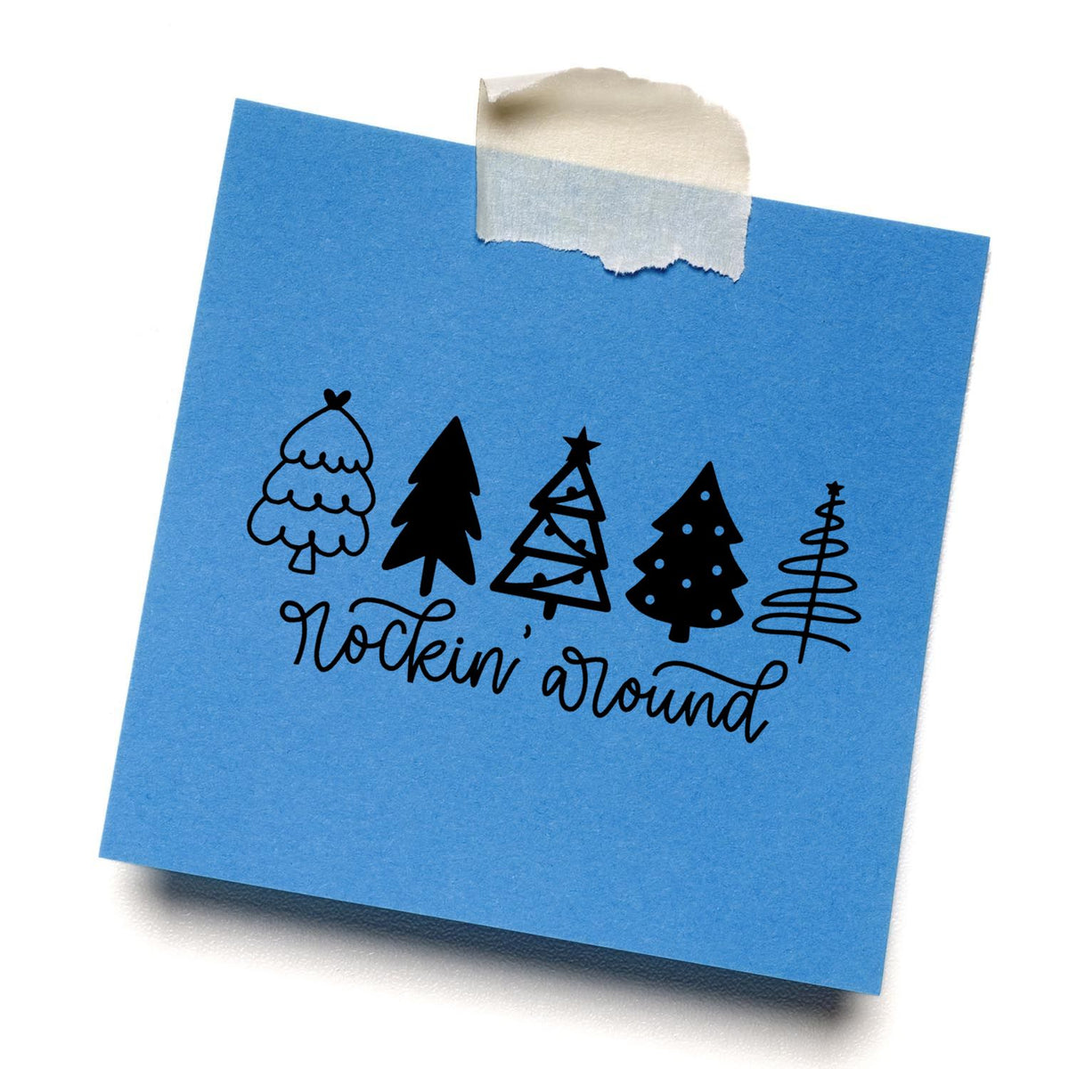 Holiday rubber stamp design with Christmas trees and Rockin Around script for festive card making and scrapbooking.