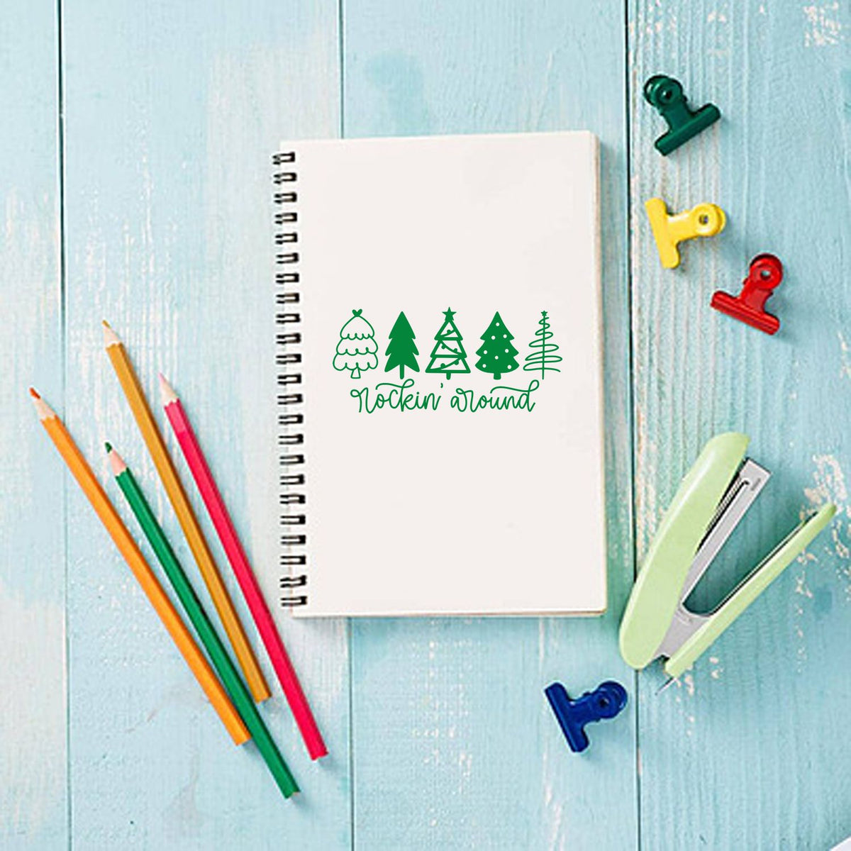 Christmas rubber stamp design with trees and Rockin Around script for festive cards, journals, and scrapbooking