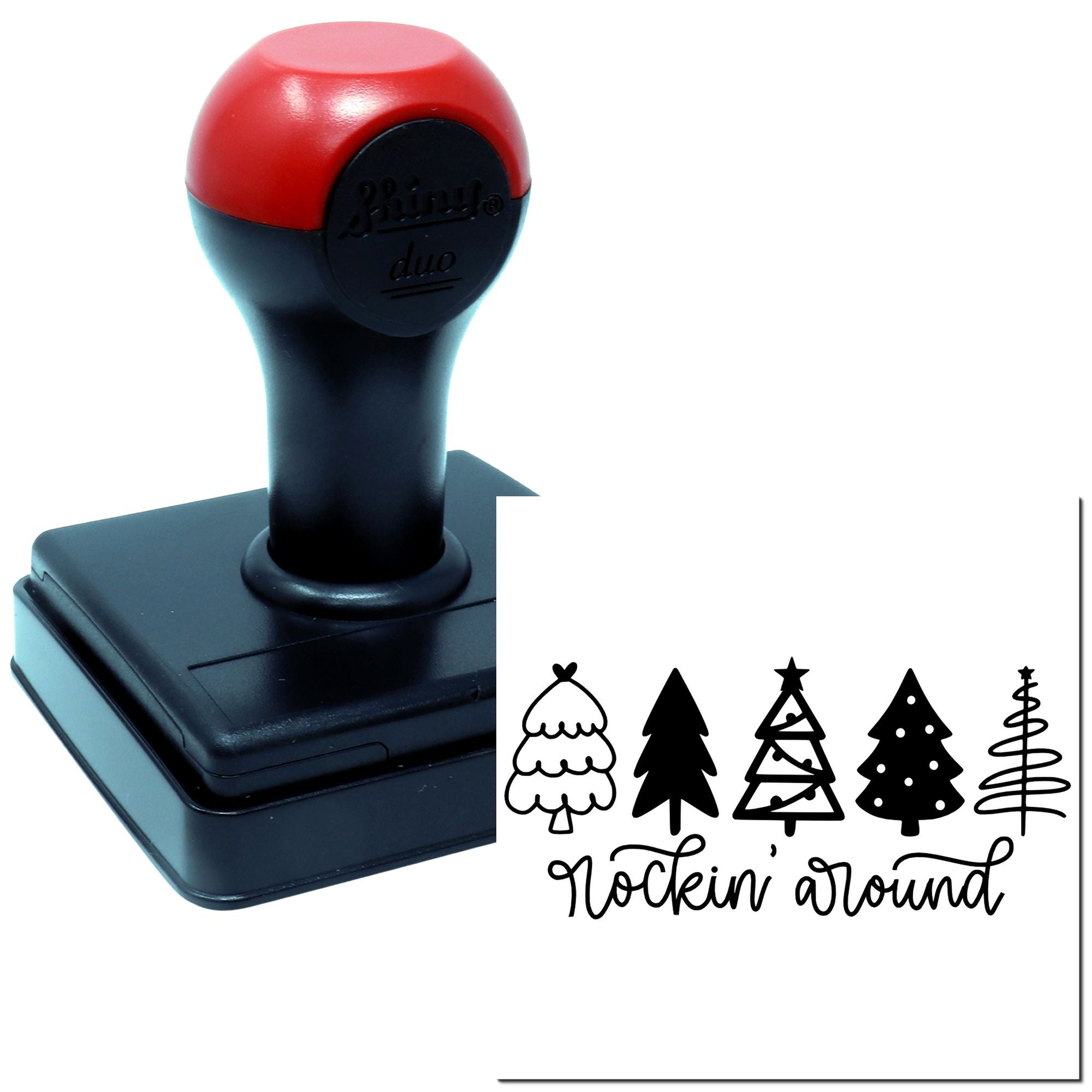 Self-inking rubber stamp with Christmas tree holiday design and Rockin Around text for cards and crafts.