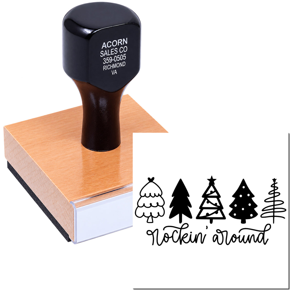 Custom Christmas rubber stamp with holiday tree icons and rockin around text on a mounted wood stamp block.