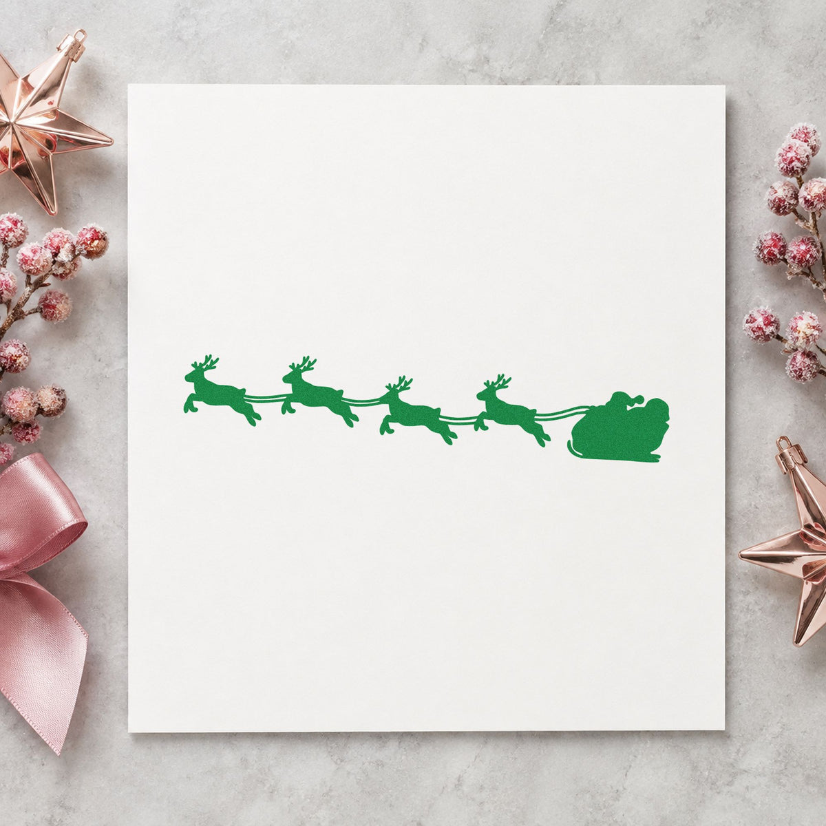 Santa Sleigh Reindeer Silhouette craft stamp imprinted in green ink on paper, a design suited to framed lintel panel.