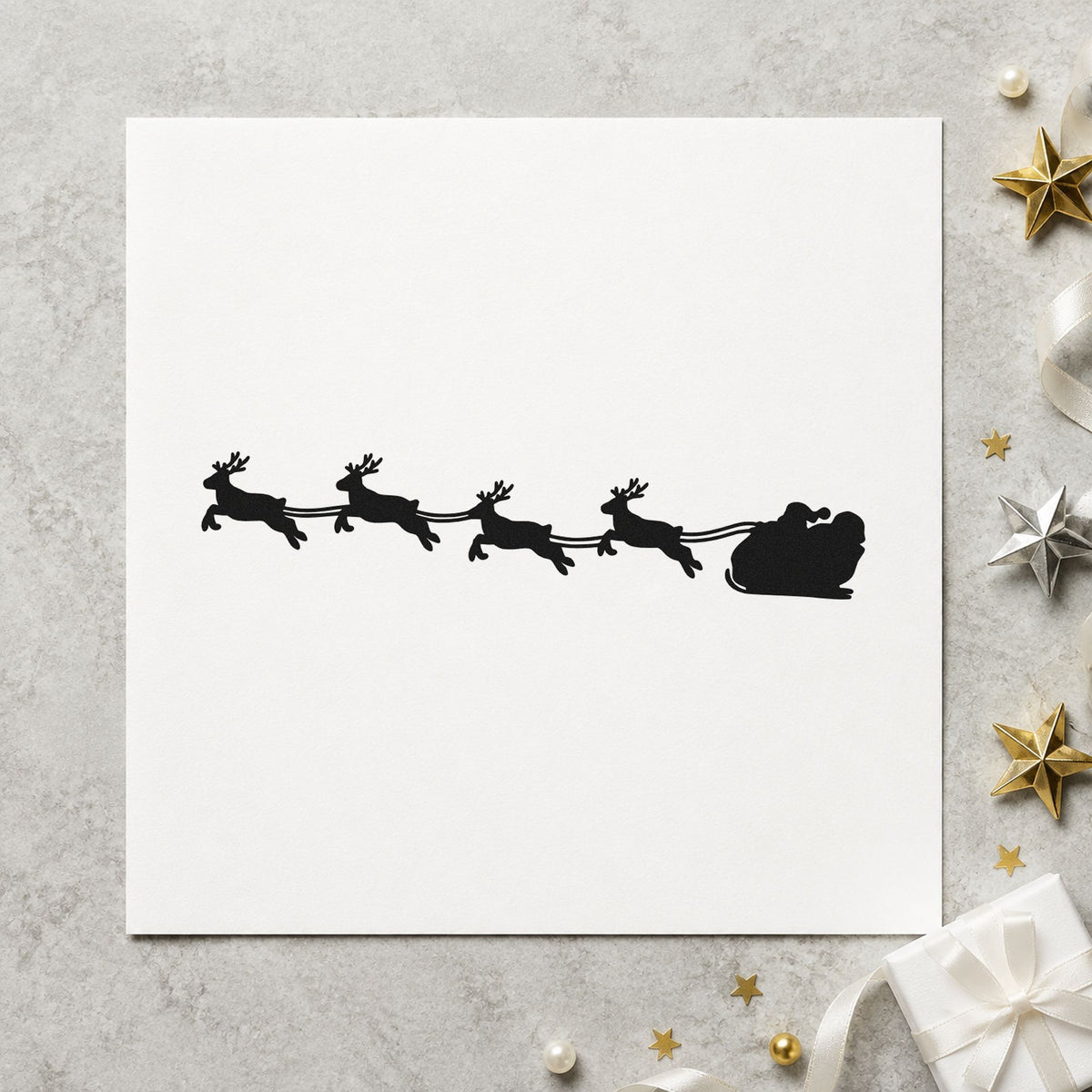 Santa Sleigh Reindeer Silhouette rubber stamp printed in black ink, ready for sleigh team cards and similar paper crafts.