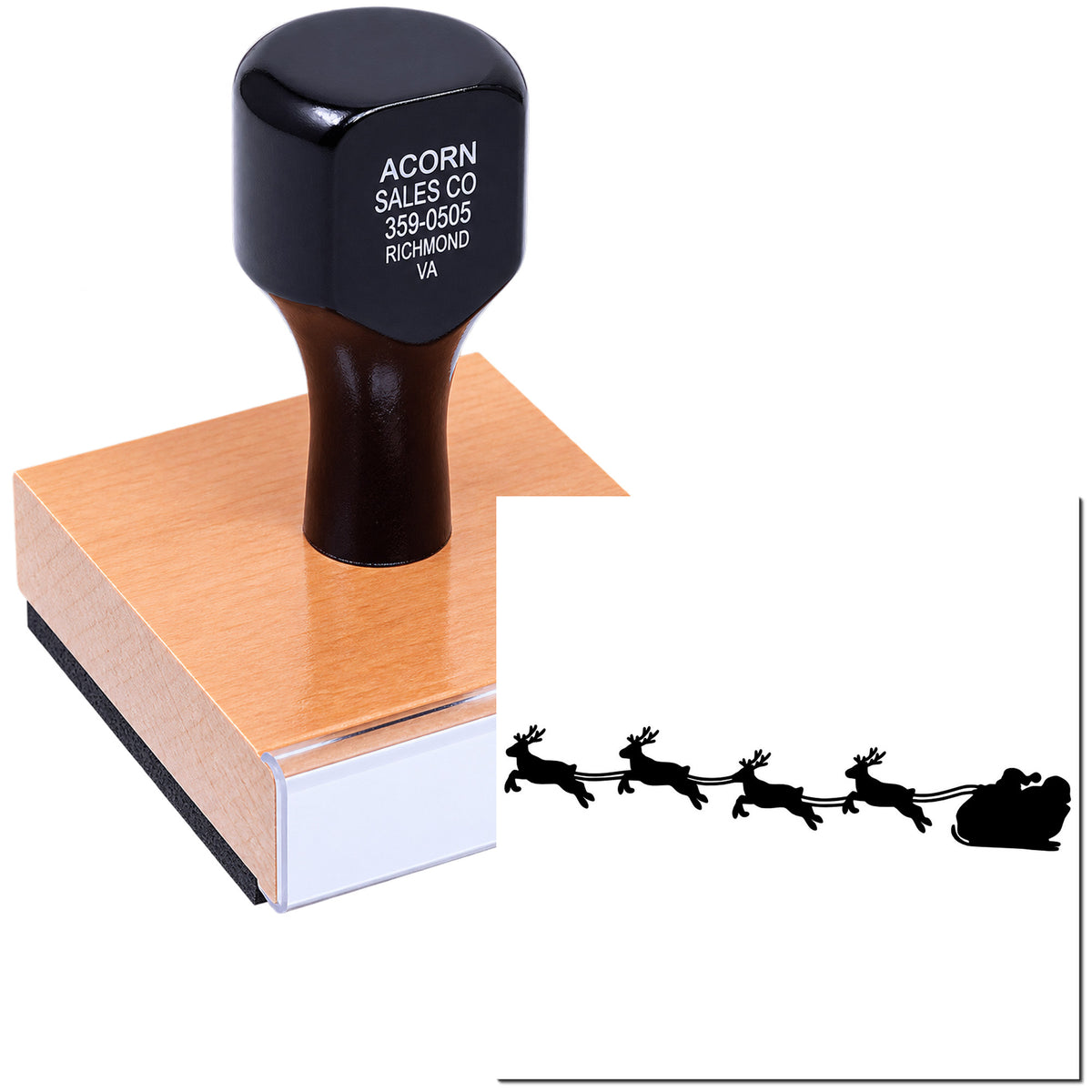 Custom wood handle rubber stamp with Santa sleigh and reindeer design for holiday cards, crafts, and packaging.