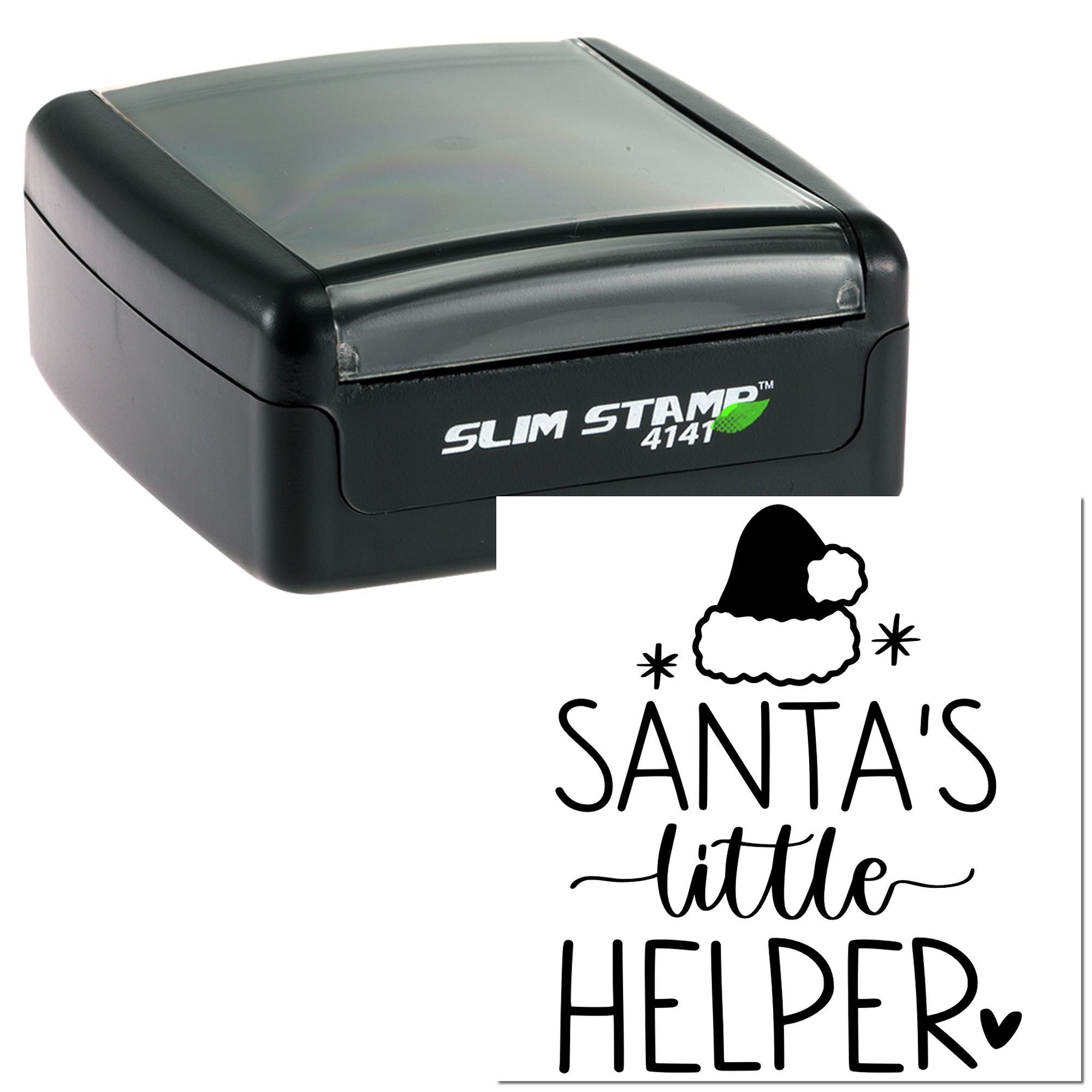 Custom self-inking rubber stamp with Santas Little Helper holiday design for festive packaging and crafts