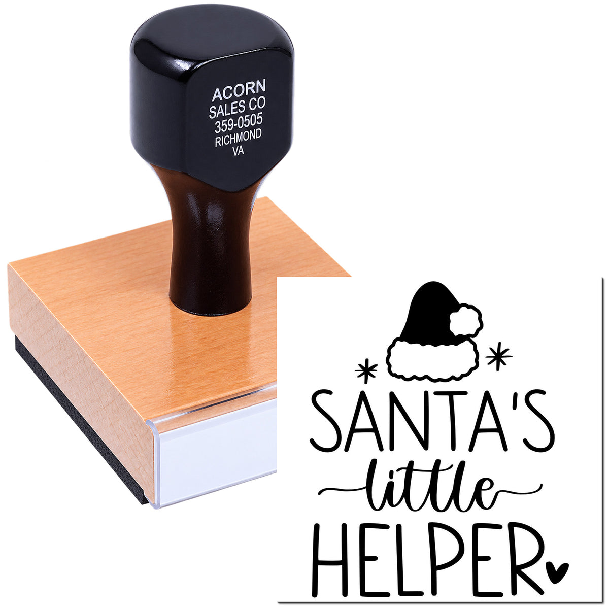 Santas Little Helper rubber stamp with holiday design for gift tags, packaging, and festive crafts.
