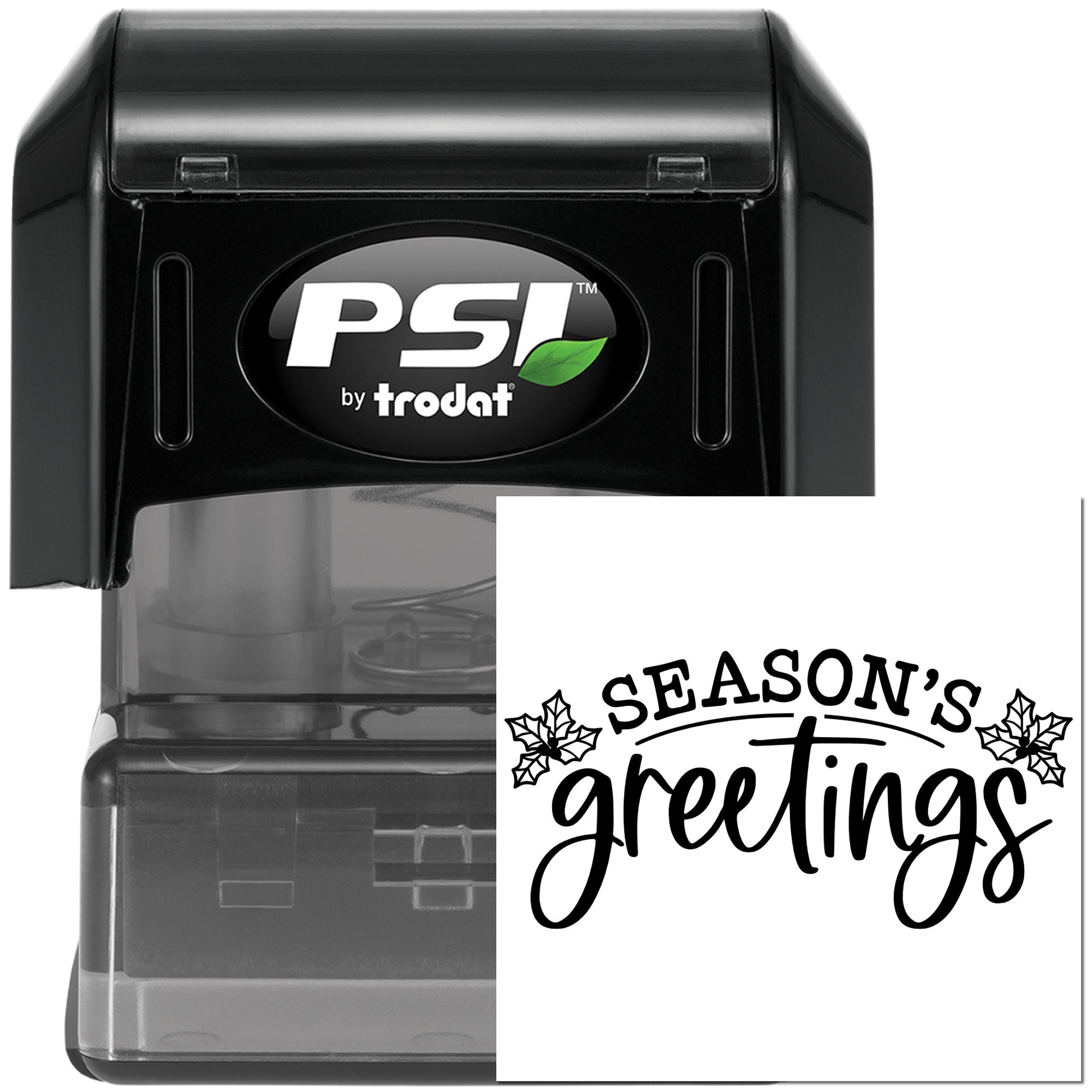 PSI by Trodat self-inking rubber stamp with custom Seasons Greetings design for holiday cards, packaging, and office mail.