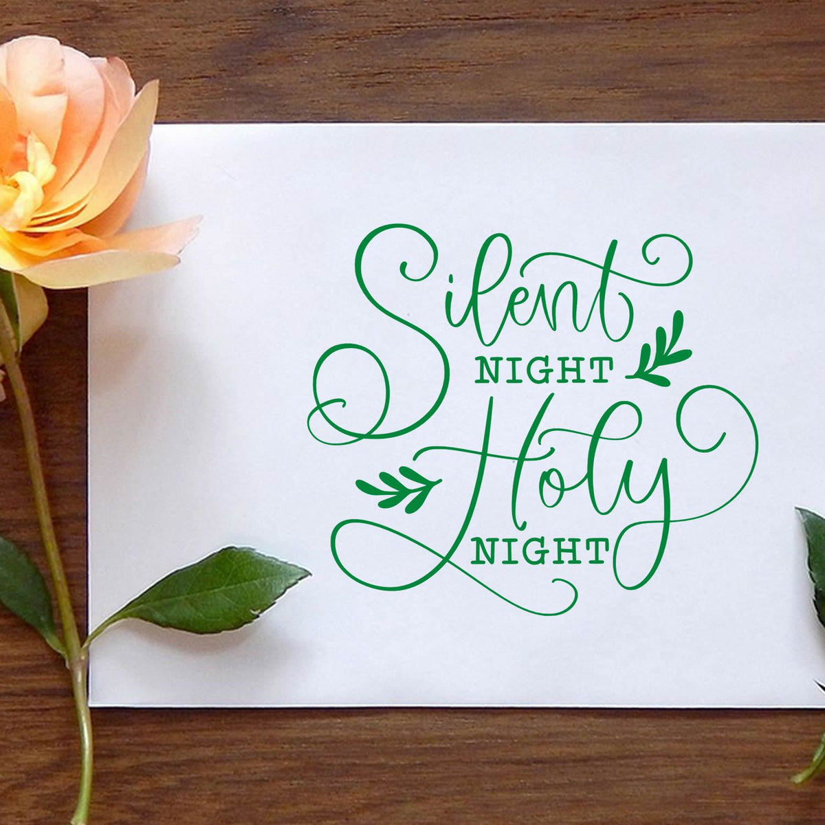Silent Night Holy Night Christmas rubber stamp design on white paper, ideal for holiday card making and festive DIY crafts