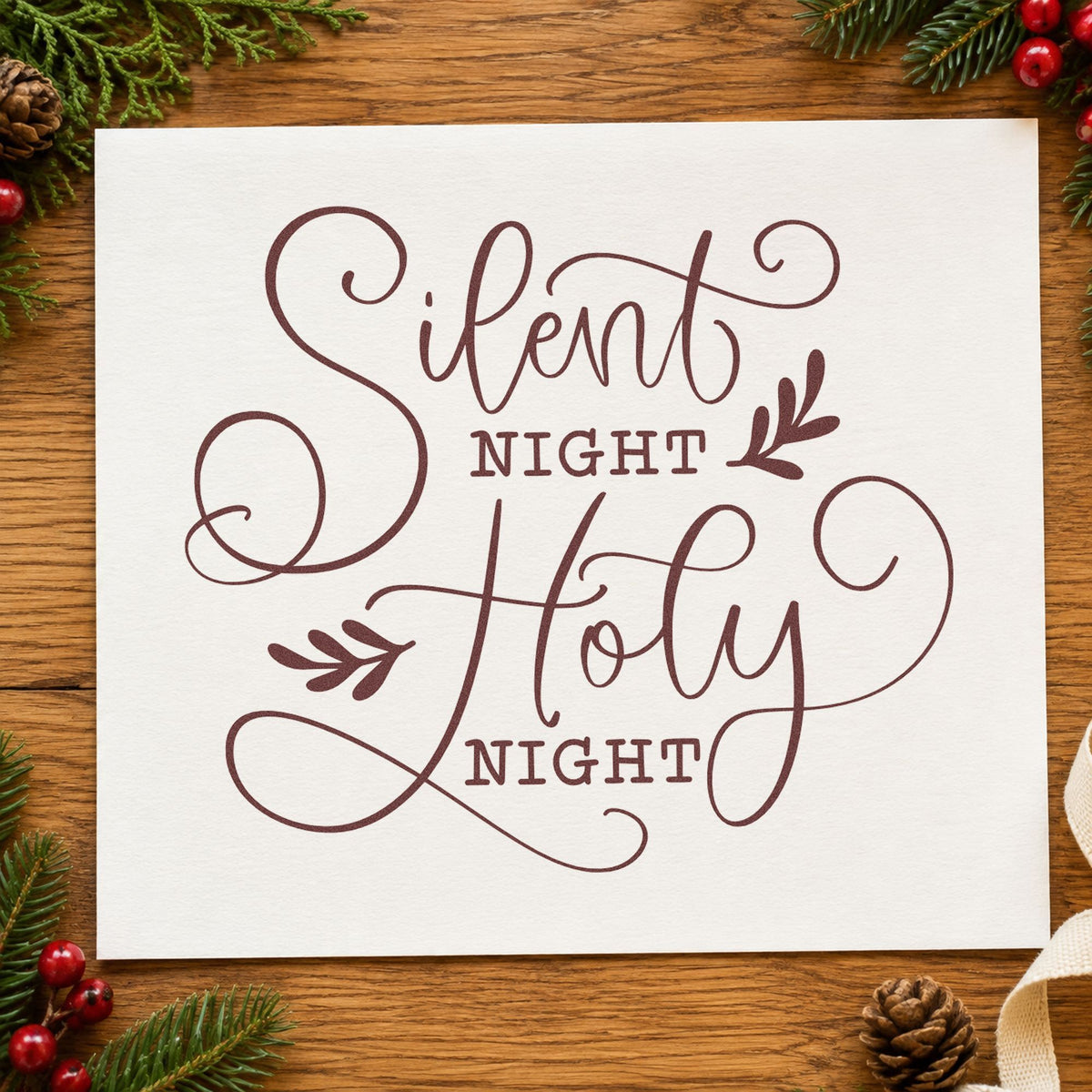 Silent Night Holy Night Leaf Accents Rubber Stamp – Wood Handle in use 4