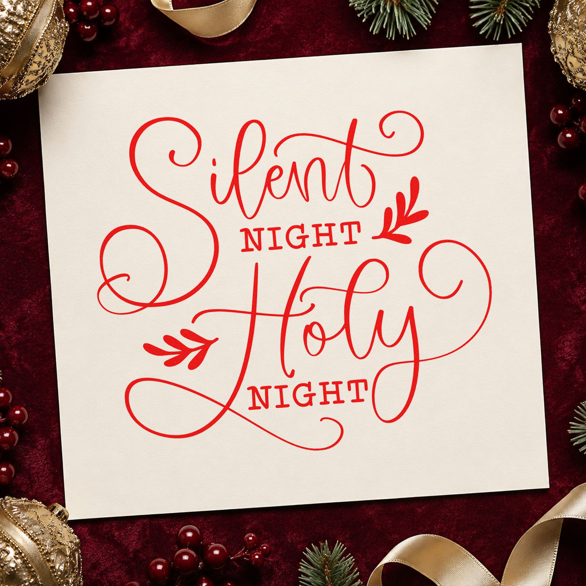 Silent Night Holy Night Leaf Accents Rubber Stamp – Wood Handle in use 5