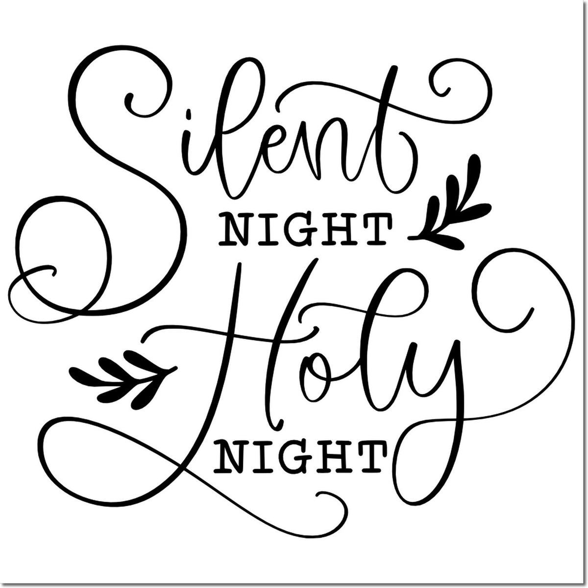 Silent Night Holy Night decorative Christmas rubber stamp design with elegant script, swirls, and leaf accents.