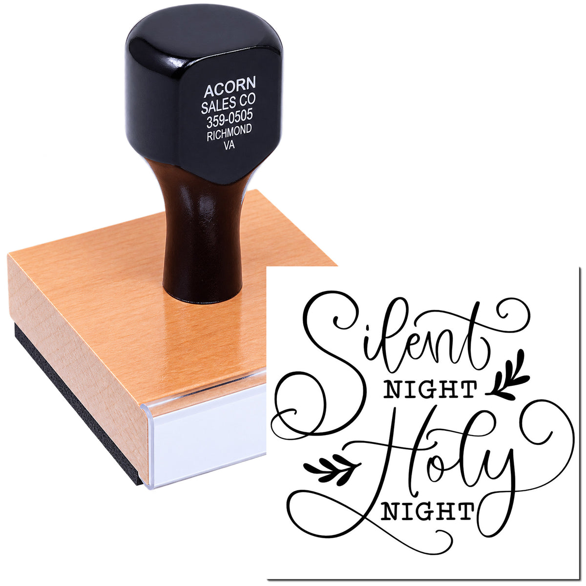 Custom rubber stamp with Silent Night Holy Night design for holiday cards, crafts, and seasonal stamping.