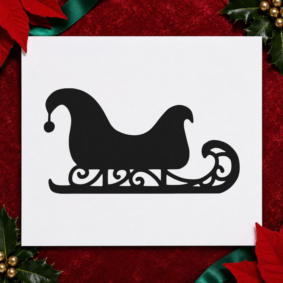 Decorative Santa Sleigh rubber stamp printed in black ink, ready for sleigh shape cards and similar paper crafts.